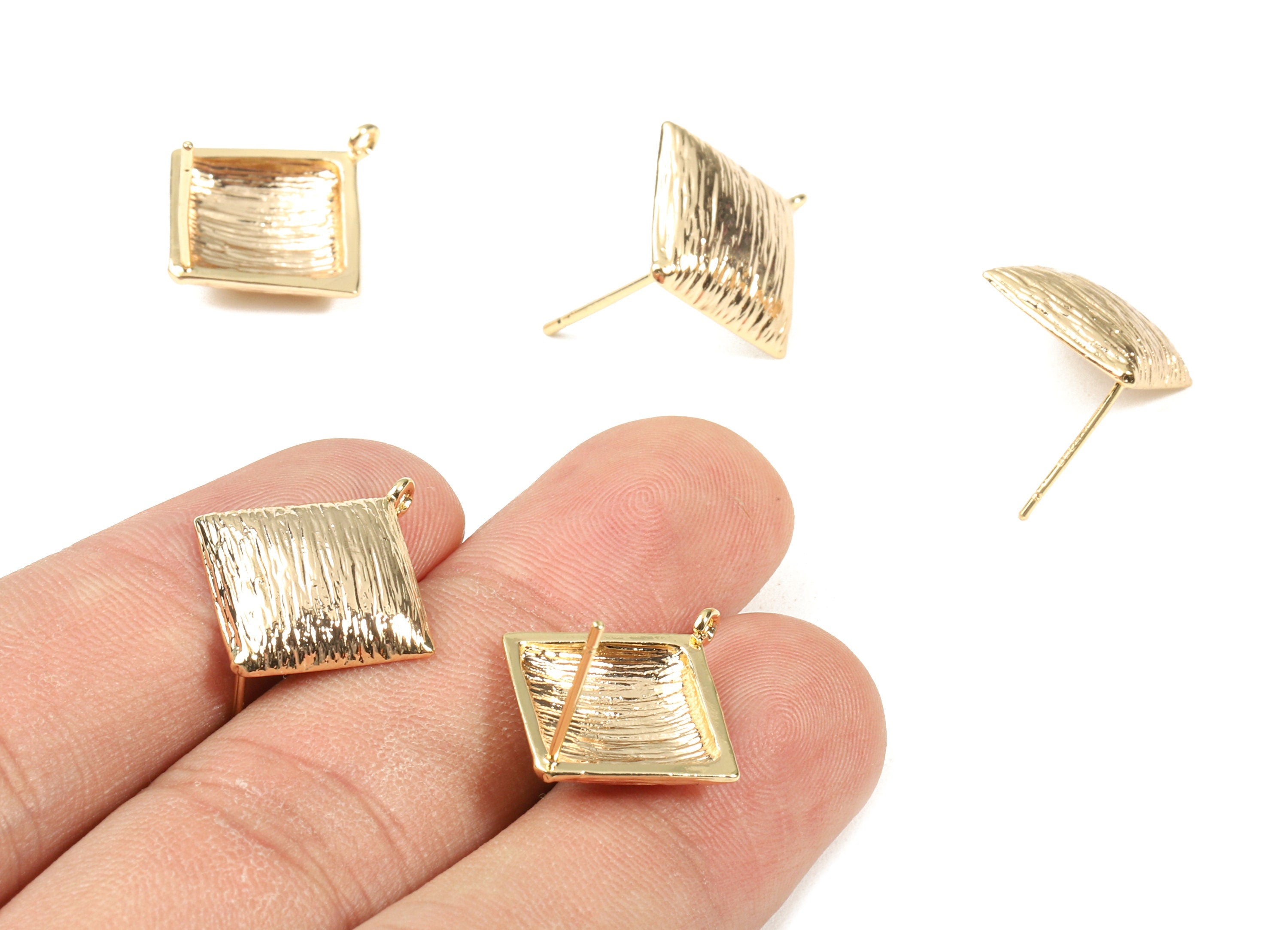 Brass Square Earring Stud With Loop - Brass Textured Square Earring Post - 18K Real Gold Plated Brass - 21.06x15.27x1.67mm - RGP2341 - DOMEDBAZAAR