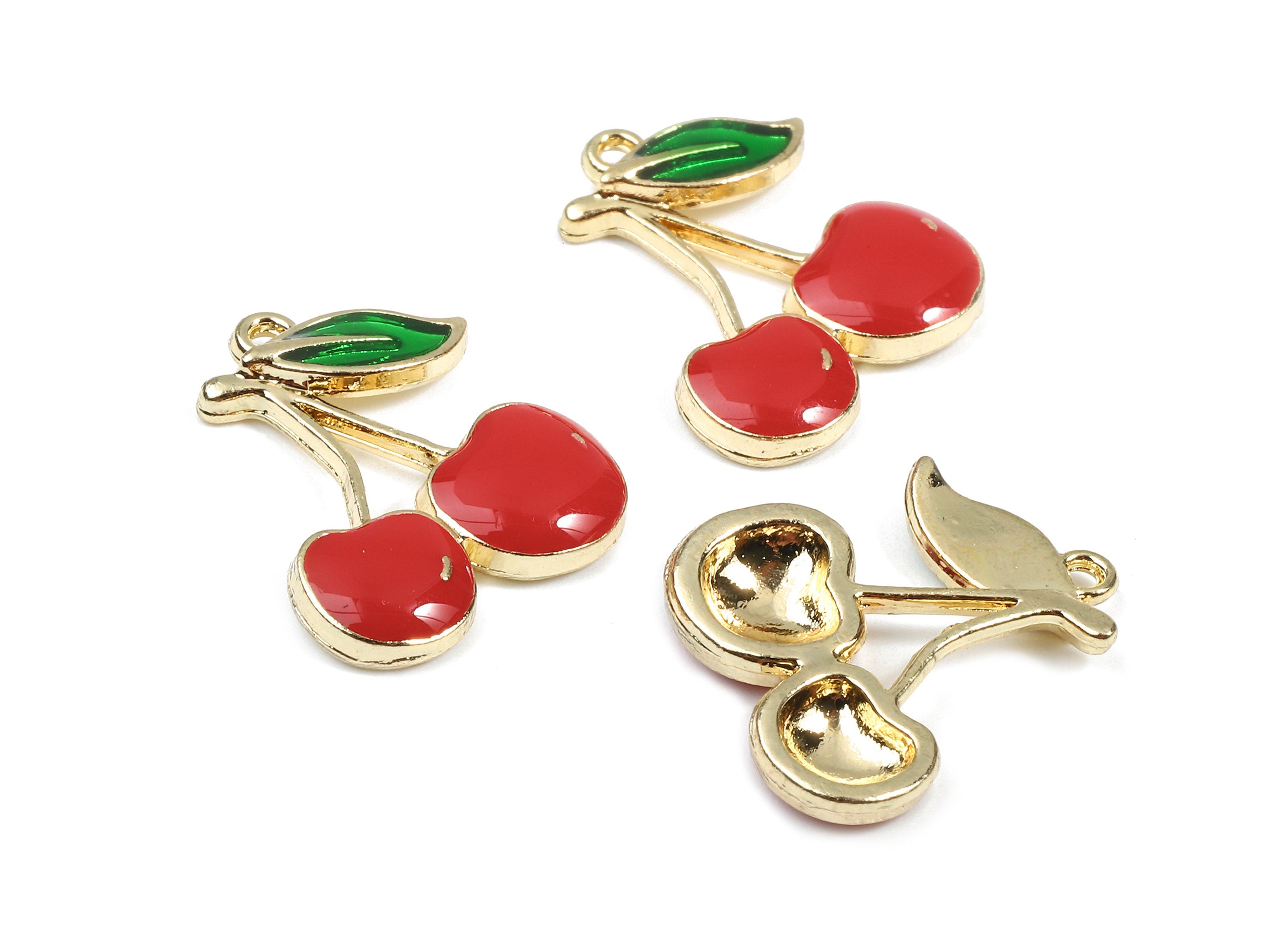 Alloy Cherry Charms - Zinc Alloy Cherry Earrings - Cherry Bracelet Pendant - Enamel Pendant - Gold Tone Plated - 18.66x16.2x3.01mm - ZZ1440 - DOMEDBAZAAR