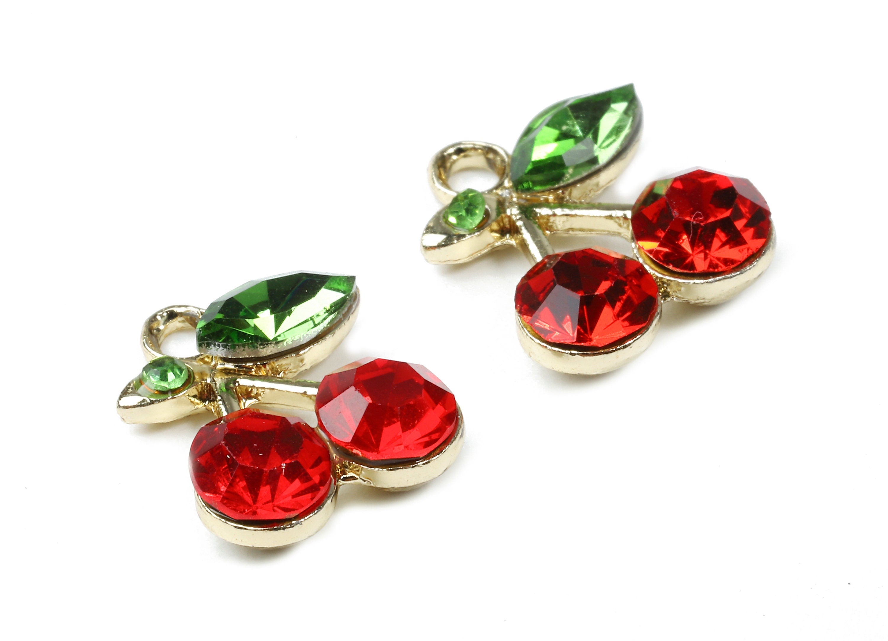 Alloy Cherry Charms - Zinc Alloy Cherry Earrings - Alloy Glass Beads Pendant - Gold Tone Plated - 16.06x12.97x5.14mm - ZZ1558 - DOMEDBAZAAR