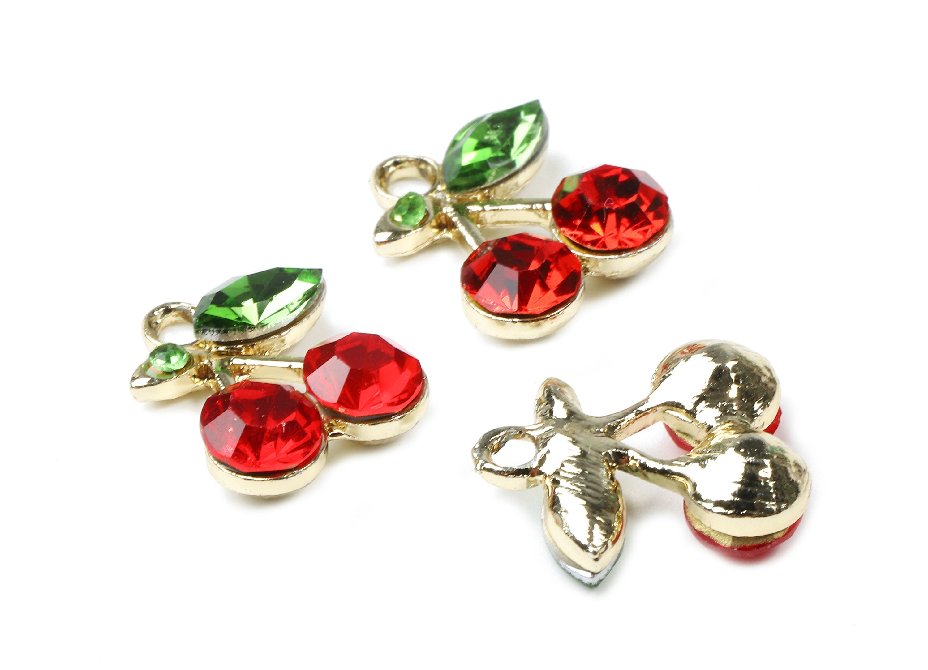 Alloy Cherry Charms - Zinc Alloy Cherry Earrings - Alloy Glass Beads Pendant - Gold Tone Plated - 16.06x12.97x5.14mm - ZZ1558 - DOMEDBAZAAR