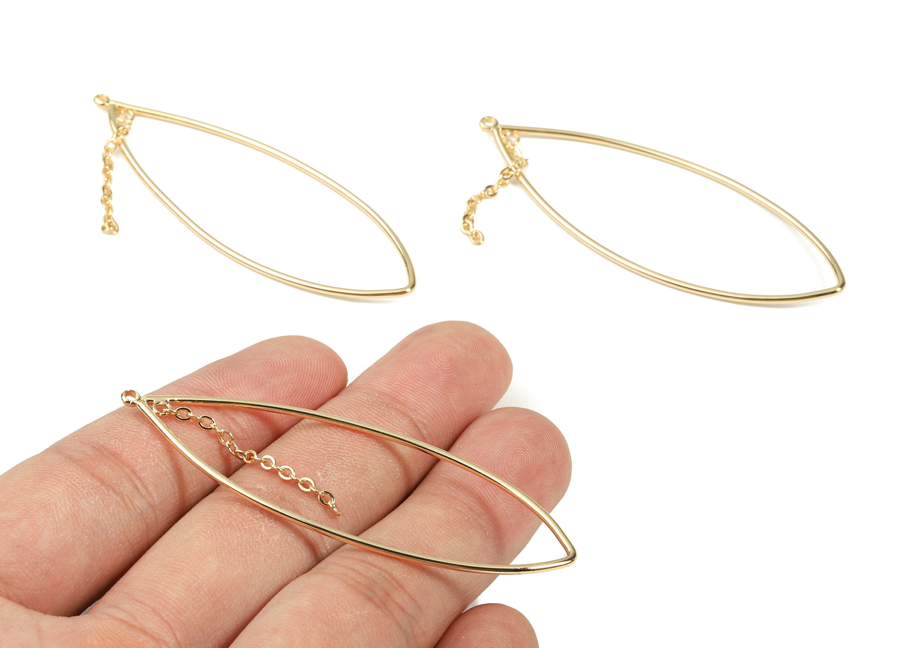Brass Marquise Earring Charms With Chain - Brass Marquise Earring Pendant - 18K Real Gold Plating Brass - 63.29x25.58x1.29mm - RGP2316 - DOMEDBAZAAR