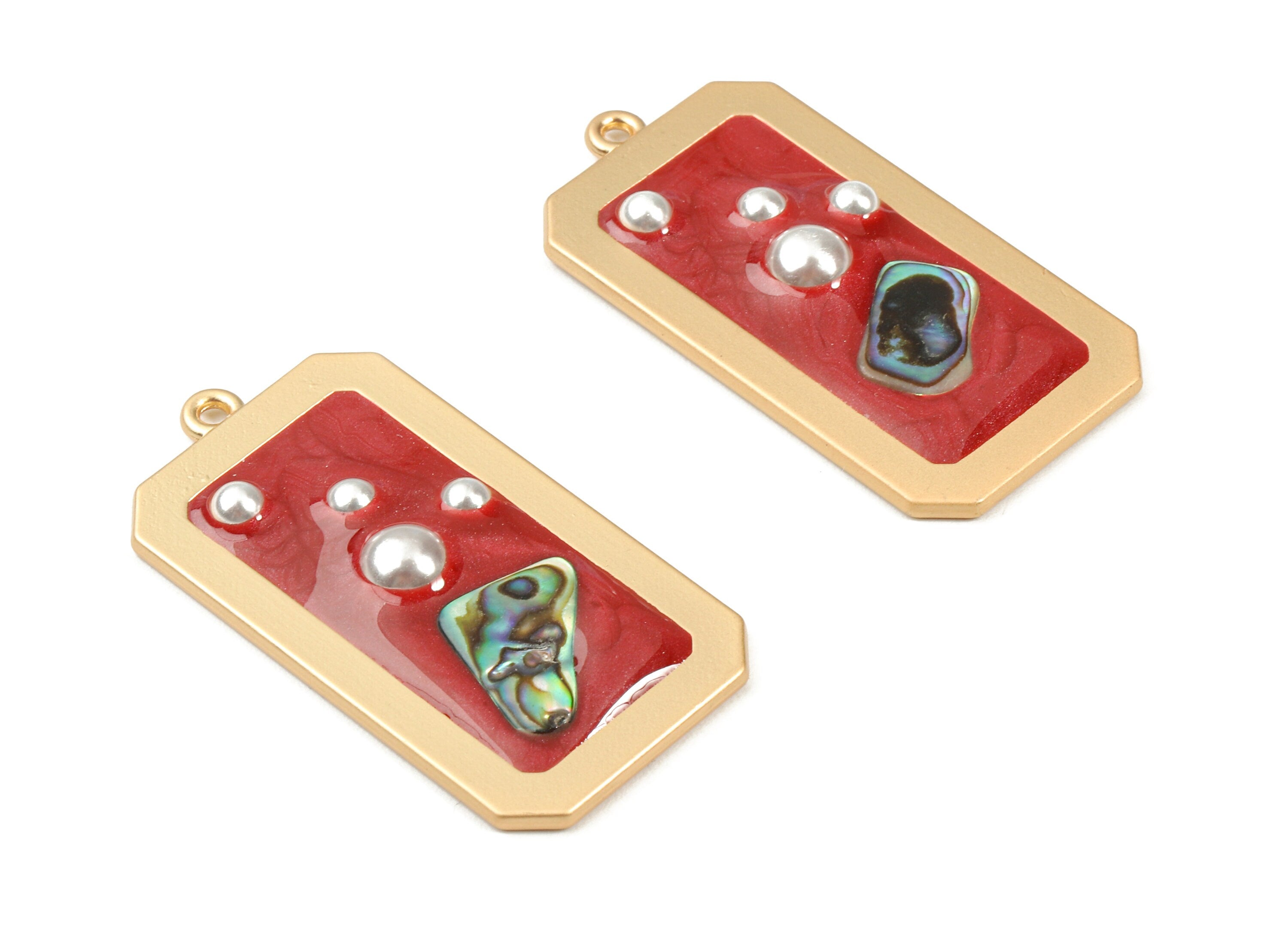 Alloy Rectangle Enamel Charms - Alloy Enamel Charm With Pearls and Shell - Gold Tone Plated - Earring Finding - 40.7x21.36x4.57mm - ZZ1585B - DOMEDBAZAAR
