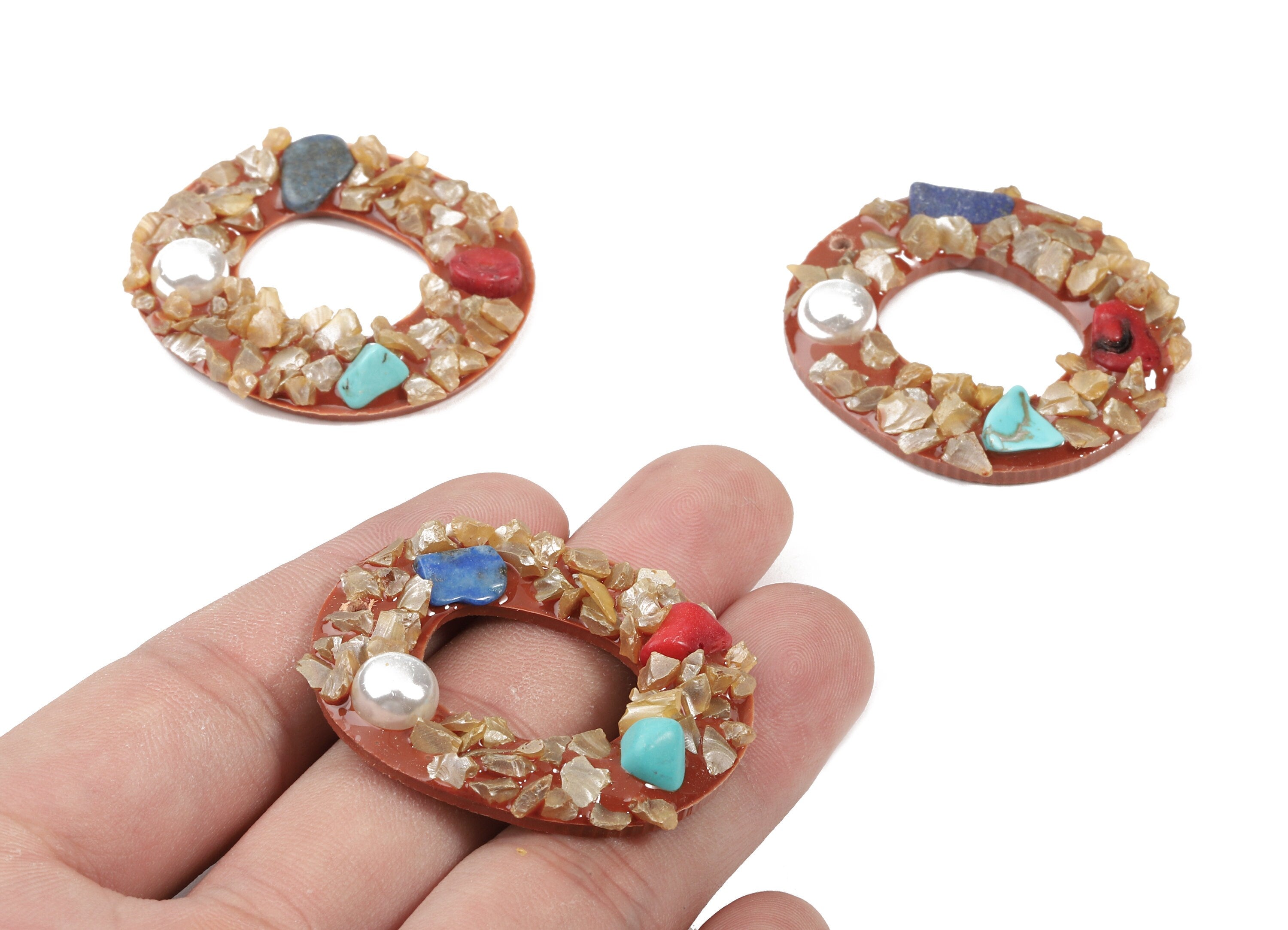 Resin Oval Charms With Gravel and Pearl - Resin Oval Graveled Pendant - Earring Findings - Jewelry Supplies - 40.8x36.3x7.09mm - RC1128C - DOMEDBAZAAR