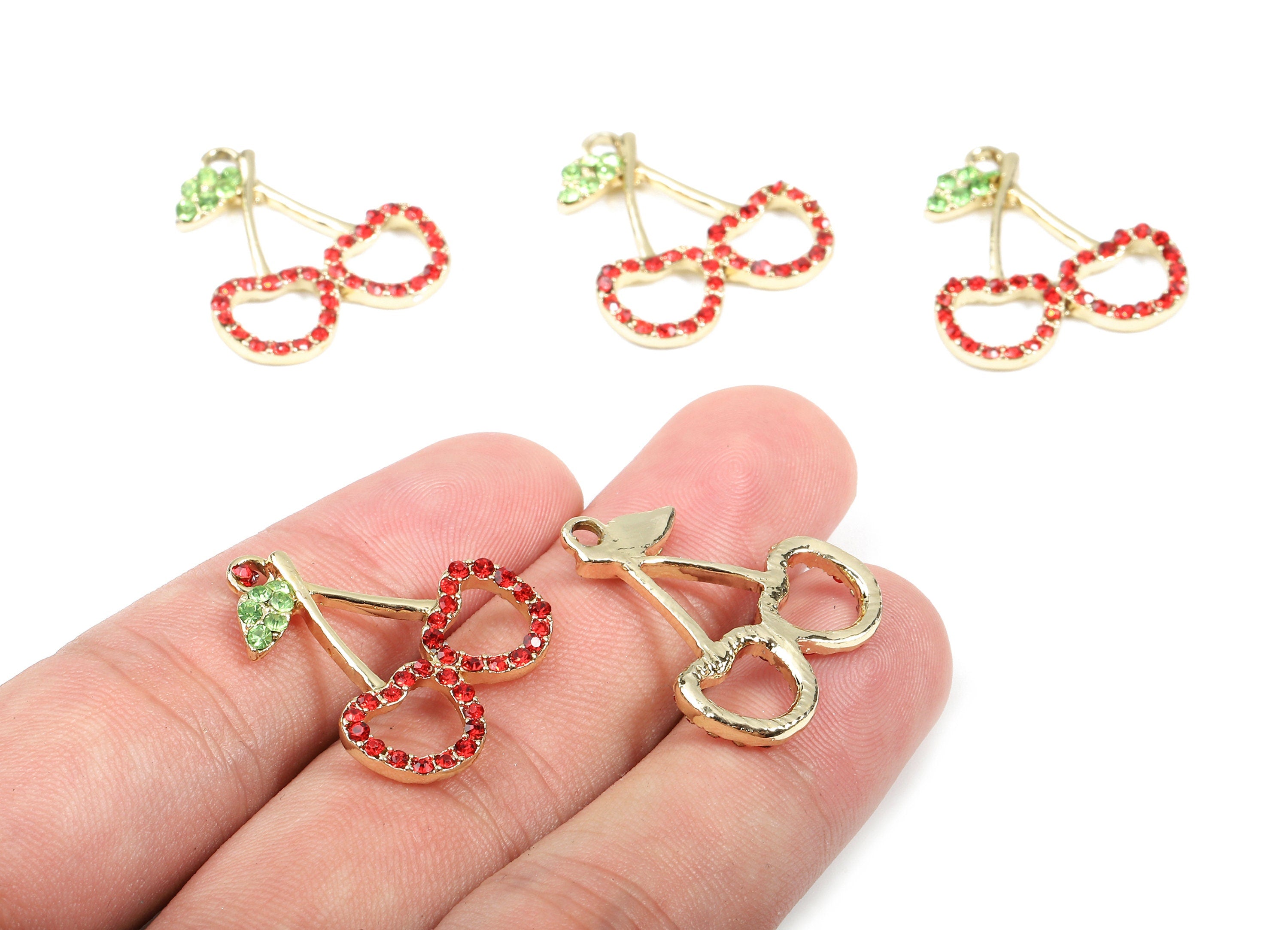 Alloy Cherry Charms - Zinc Alloy Cherry Earrings - Alloy Glass Beads Pendant - Cherry Gold Tone Plated - 25x22.54x2.58mm - ZZ1554 - DOMEDBAZAAR