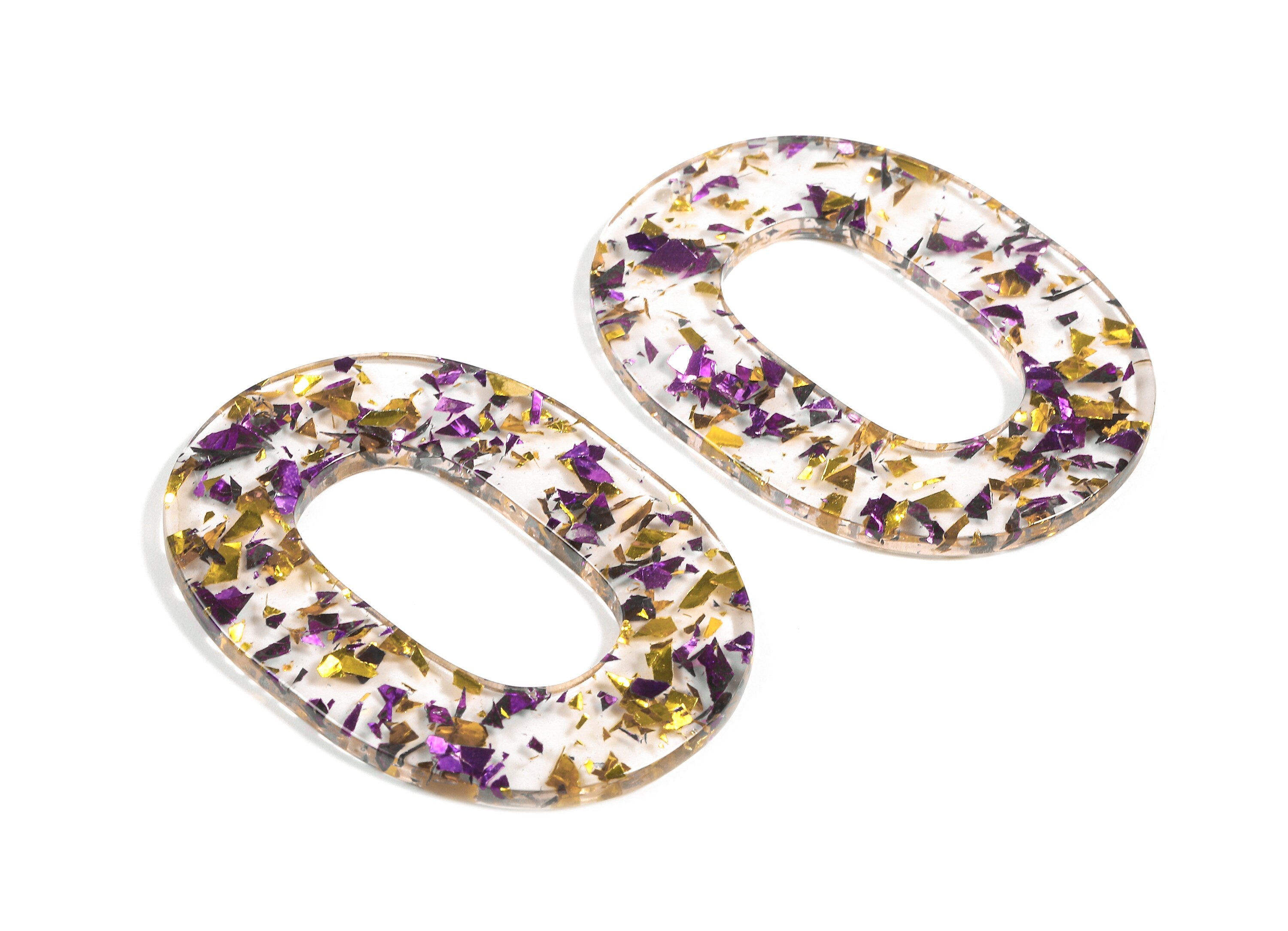 Acetate Oval Charms - Oval Earrings and Pendant - Purple & Gold Confetti - Color Code: A388 - 46.81x34.24x2.32mm - AC1065-A388 - DOMEDBAZAAR