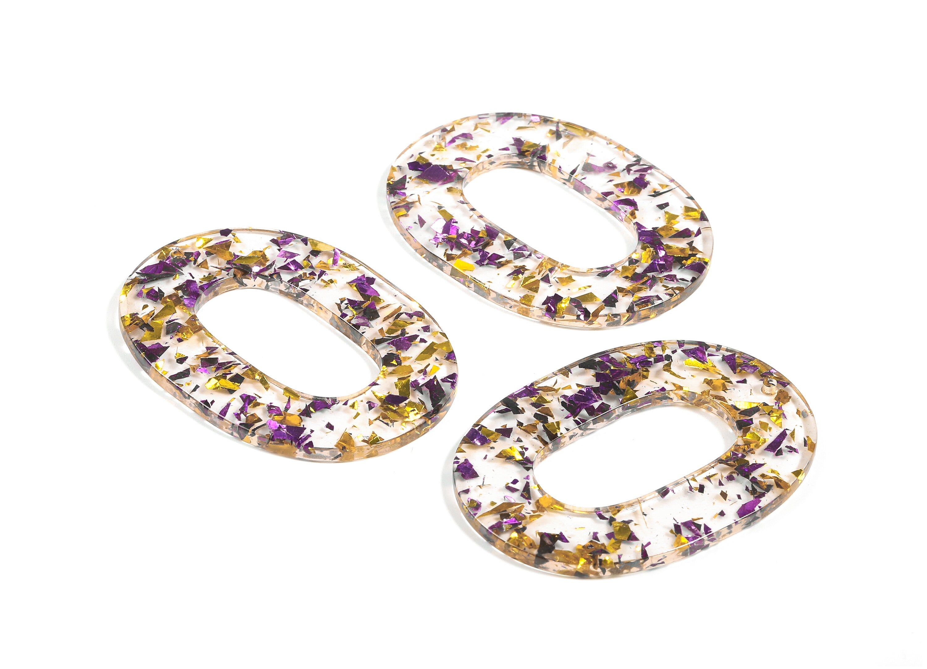 Acetate Oval Charms - Oval Earrings and Pendant - Purple & Gold Confetti - Color Code: A388 - 46.81x34.24x2.32mm - AC1065-A388 - DOMEDBAZAAR