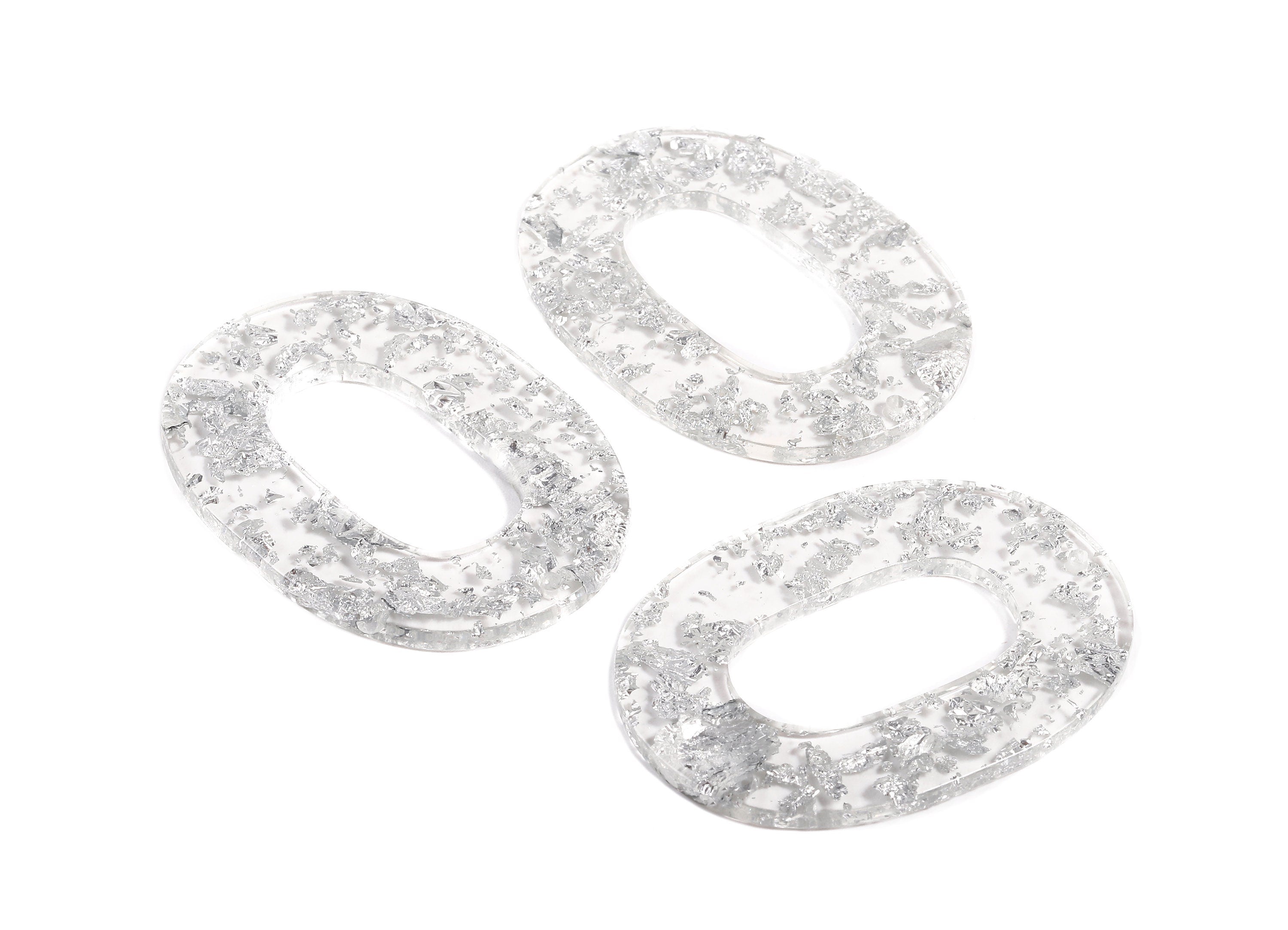 Acetate Oval Charms - Oval Earrings and Pendant - Oval Silver Foil & Confetti - Color Code: A254 - 46.81x34.24x2.32mm - AC1065-A254 - DOMEDBAZAAR