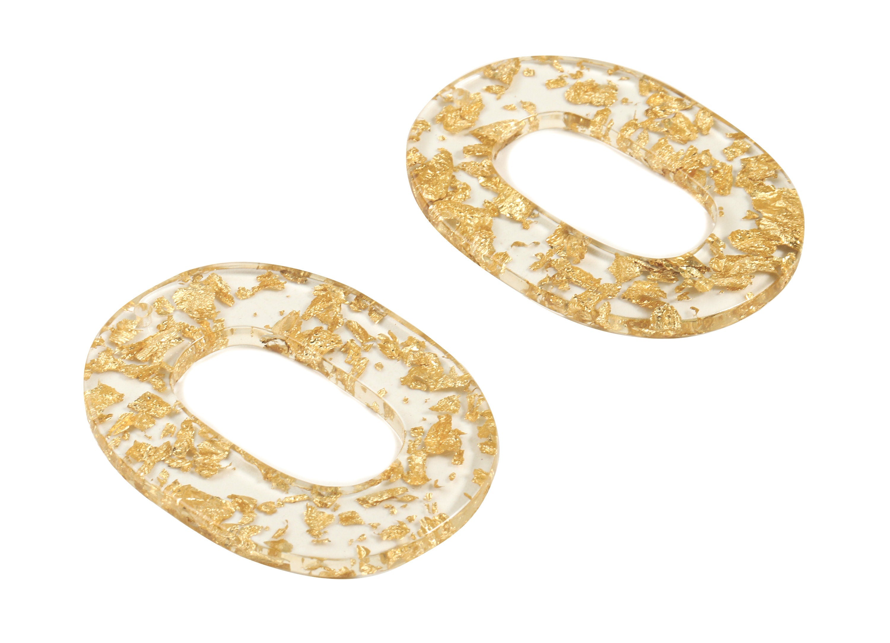 Acetate Oval Charms - Oval Earrings and Pendant - Gold Foil & Confetti - Jewelry Supplies - Color Code: A255 - 46.9x34.3x2.3mm - AC1065-A255 - DOMEDBAZAAR