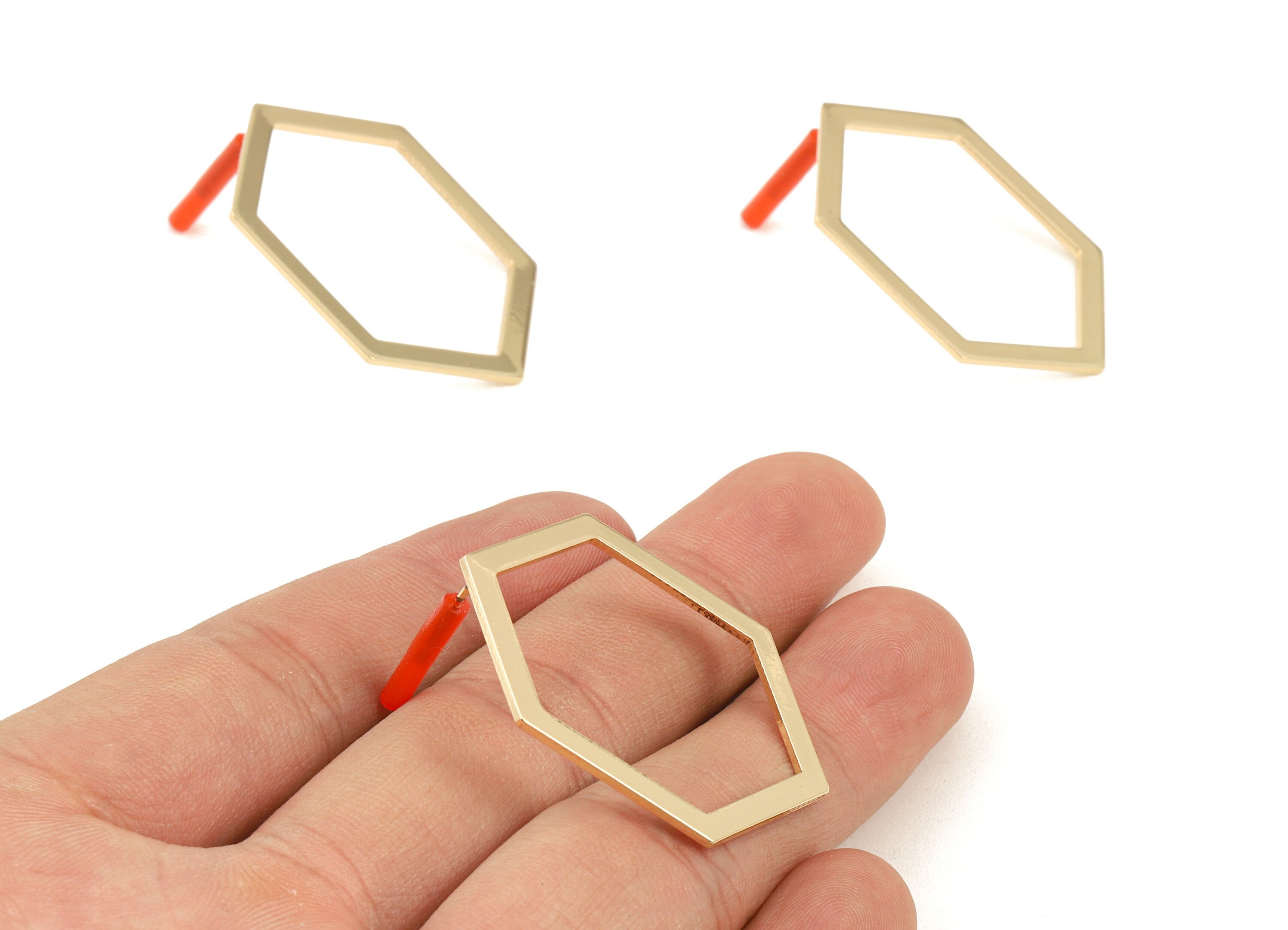 Brass Hexagon Earring Post - Brass Hexagon Earring Stud - Gold Tone Plated Brass - Jewelry Supplies - 39x29x1mm - PP3028 - DOMEDBAZAAR