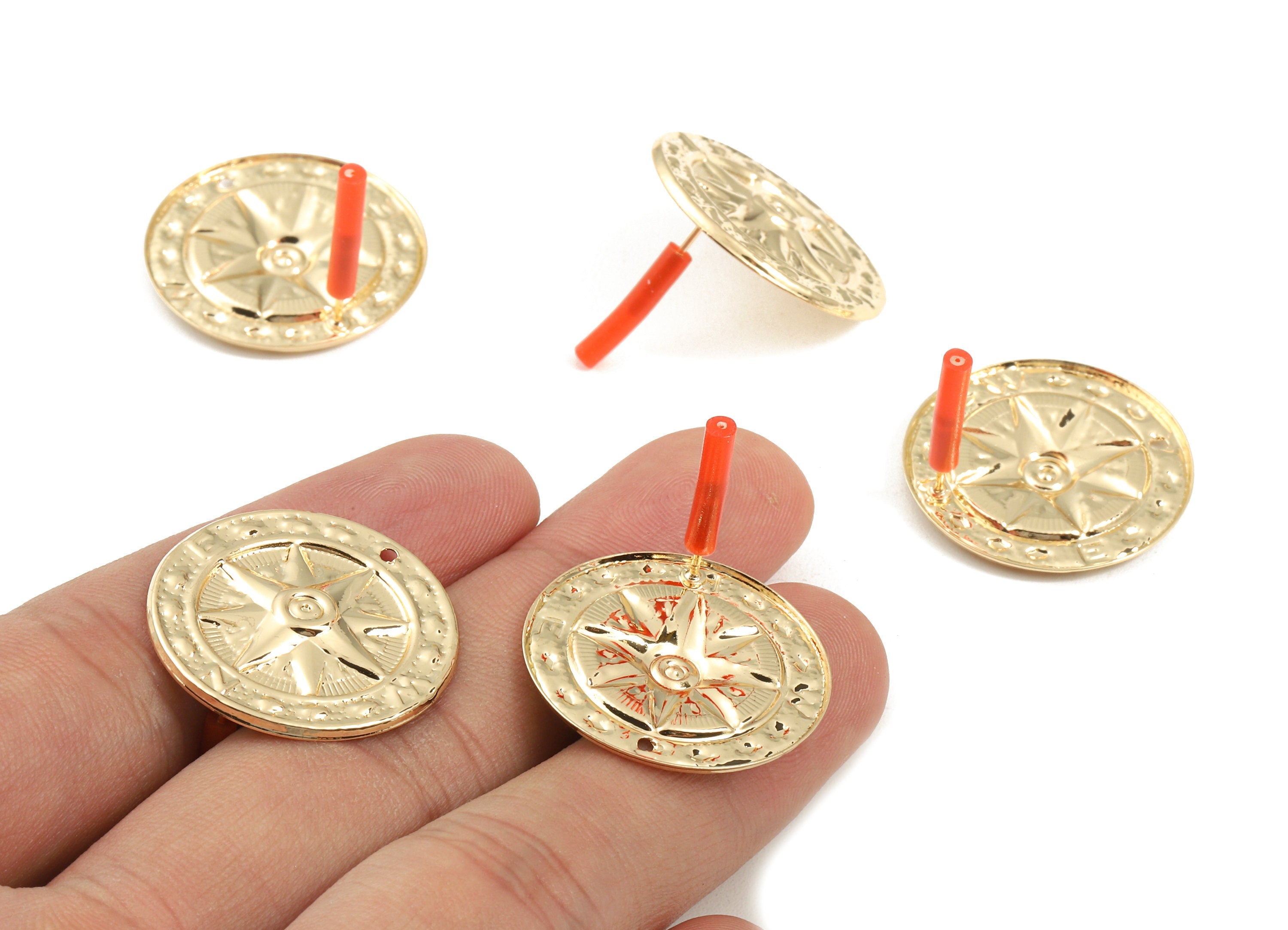 Brass Compass Earring Post - Brass Compass Earring Stud - Gold Tone Plated Brass - Jewelry Supplies - 24.96x24.96x2.18mm - PP3040 - DOMEDBAZAAR