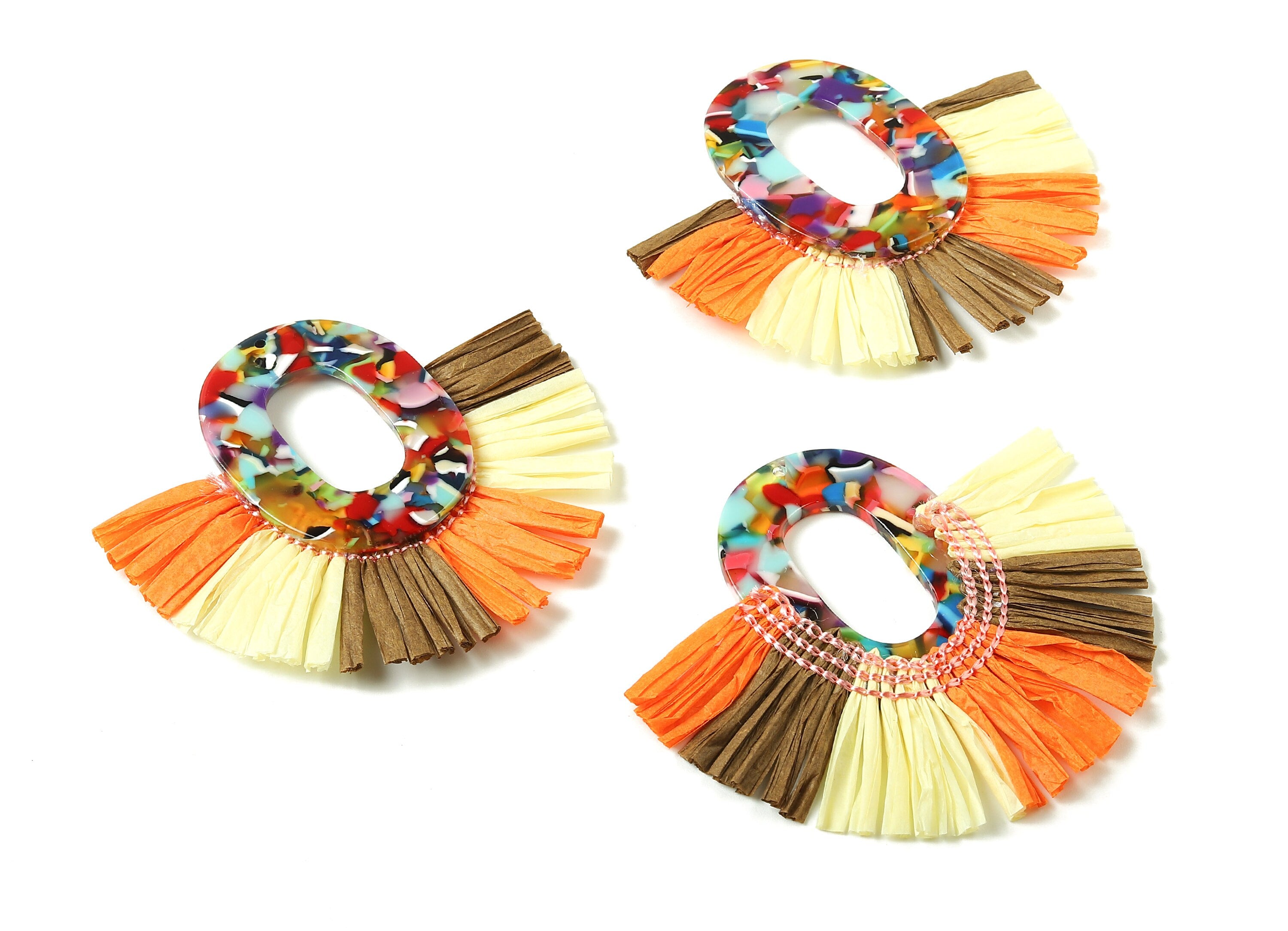 Acetate Oval Raffia Tassels Charms - Earrings with Fan Tassels - Single Layer Raffia - Color Code: A21 - 74.02x67.37x4.43mm - AC1761 - DOMEDBAZAAR