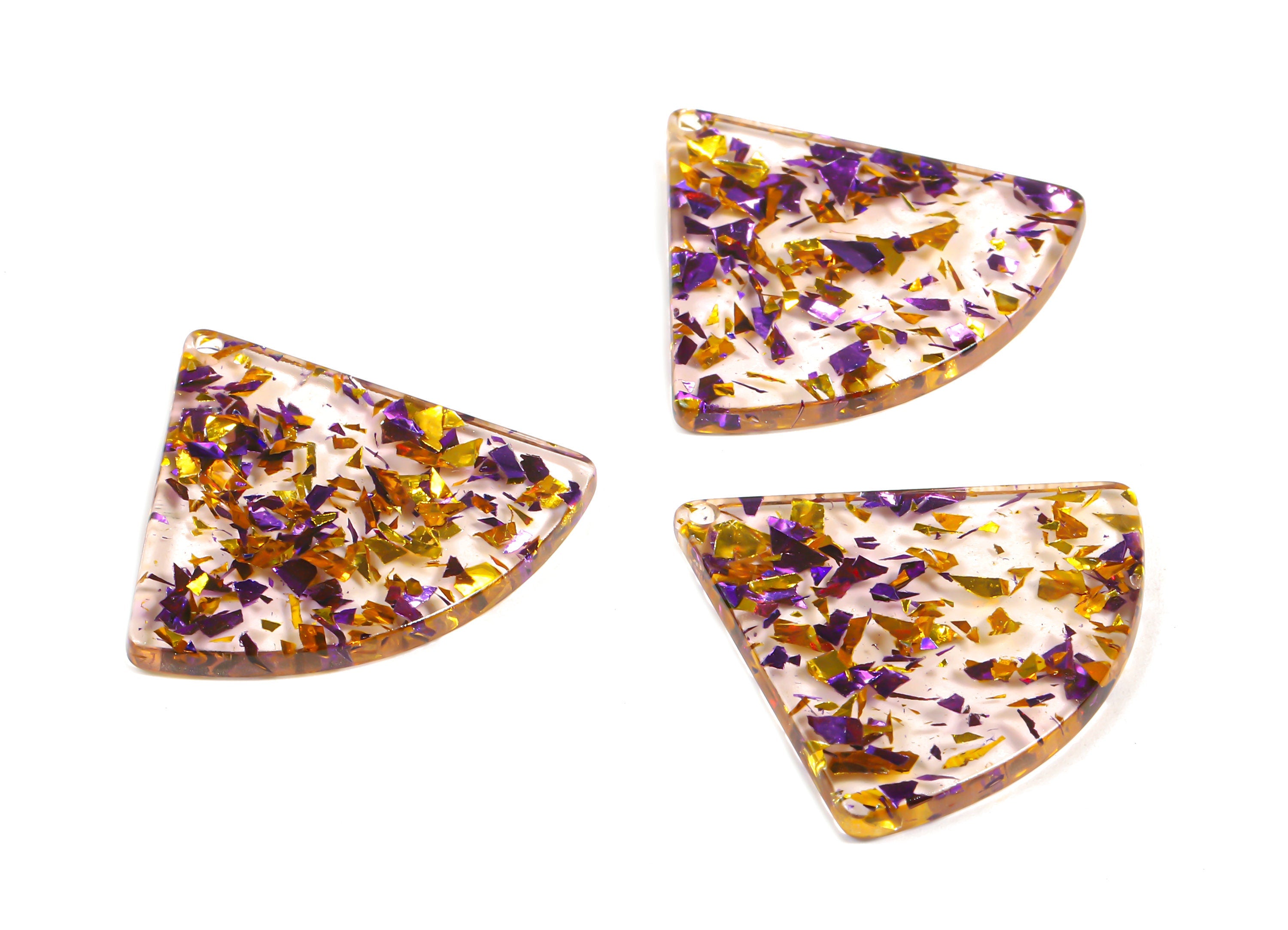 Acetate Fan Charms - Pizza Slice Earrings and Pendant - Purple & Gold Confetti - Color Code: A388 - 31.2x34.5x2.64mm - AC1081-A388 - DOMEDBAZAAR