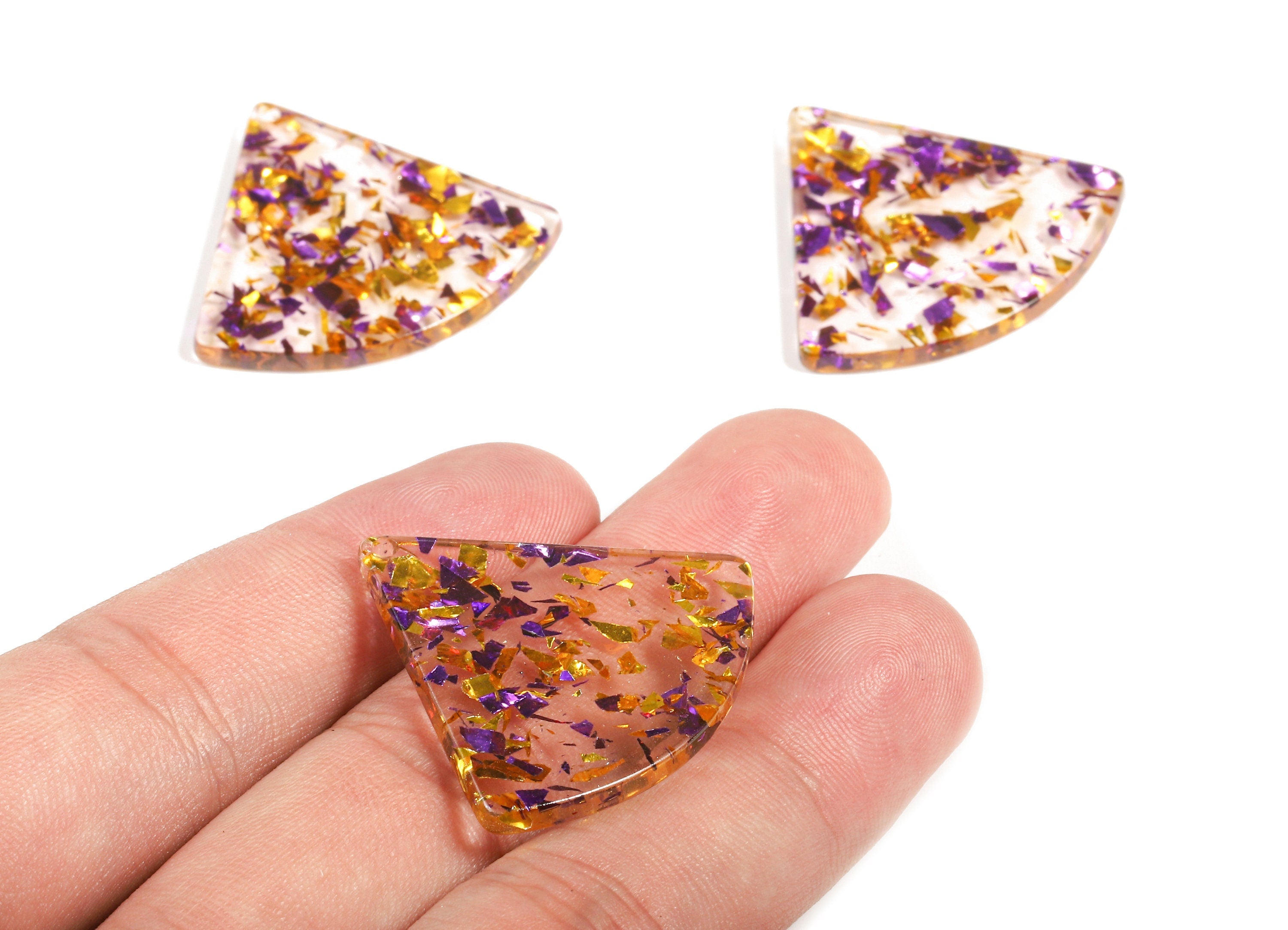 Acetate Fan Charms - Pizza Slice Earrings and Pendant - Purple & Gold Confetti - Color Code: A388 - 31.2x34.5x2.64mm - AC1081-A388 - DOMEDBAZAAR