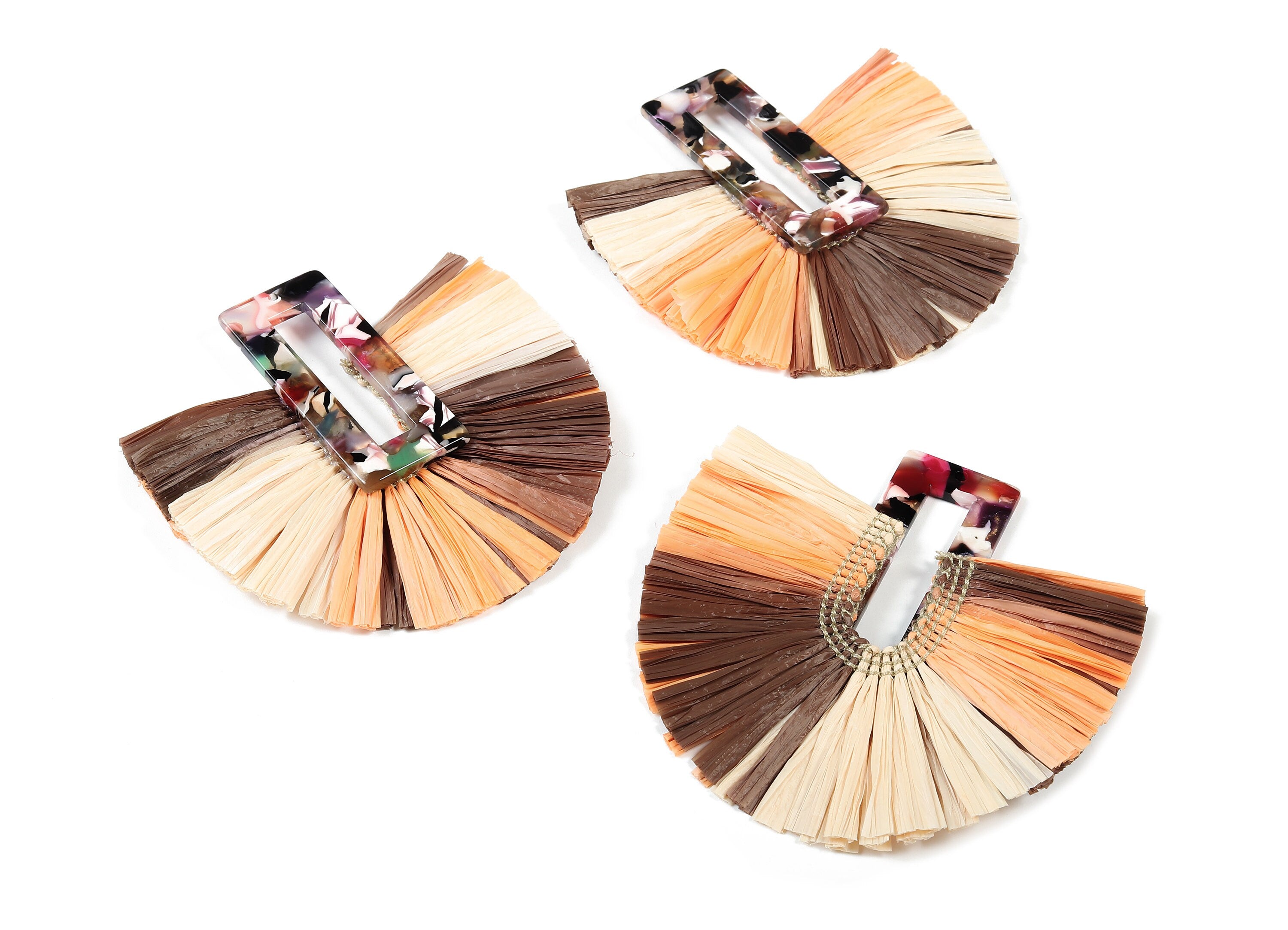 Acetate Rectangle Raffia Tassels Charms - Earrings with Fan Tassels - Double-layer raffia - Color Code: A60 - 70.23x65.09x5.54mm - AC1764 - DOMEDBAZAAR