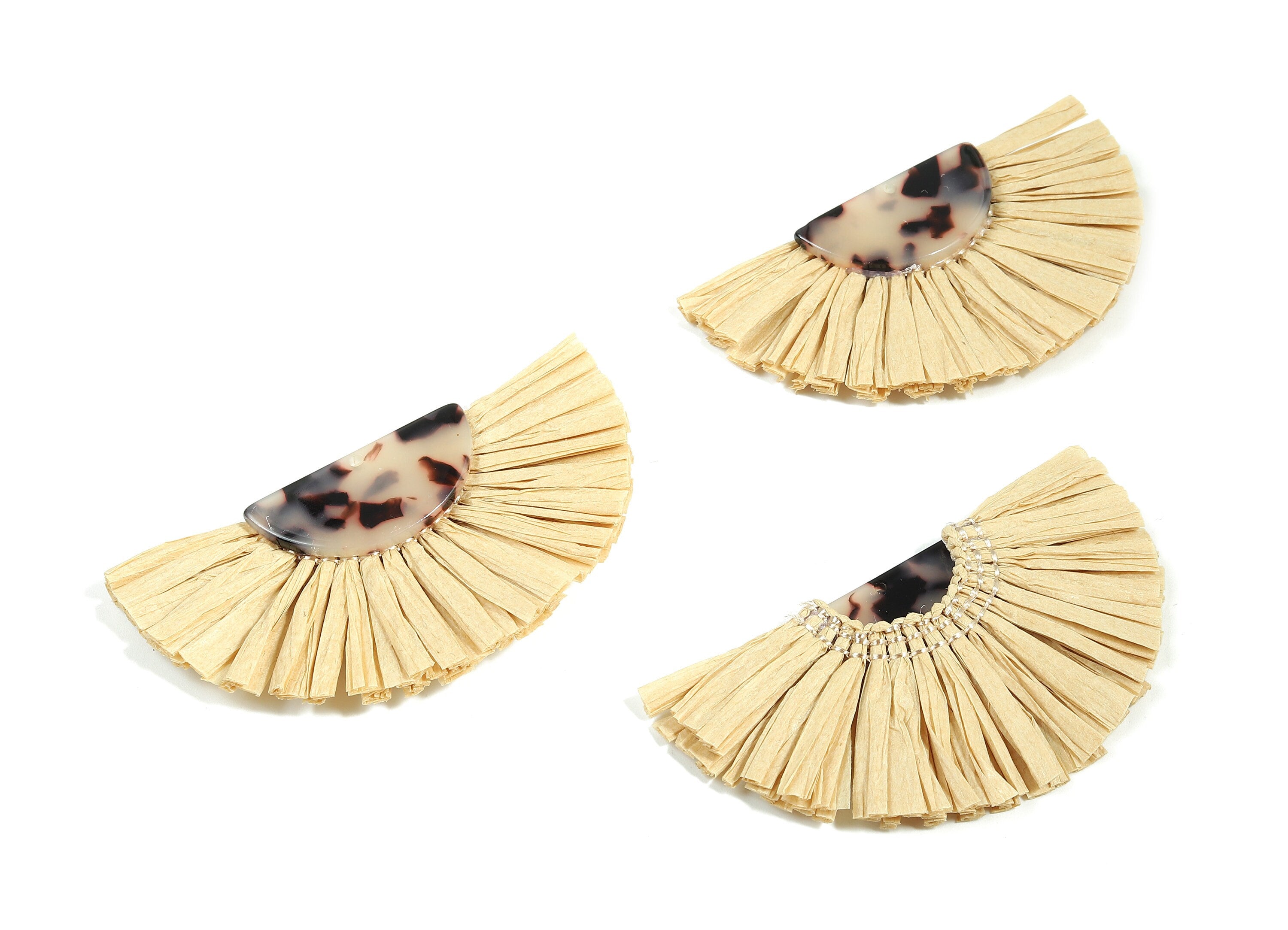 Acetate Semicircle Raffia Tassels Charm - Blonde Earring with Fan Tassels - Double-Layer Raffia - Color Code:A06 - 74.3x39.62x5.5mm - AC1777 - DOMEDBAZAAR