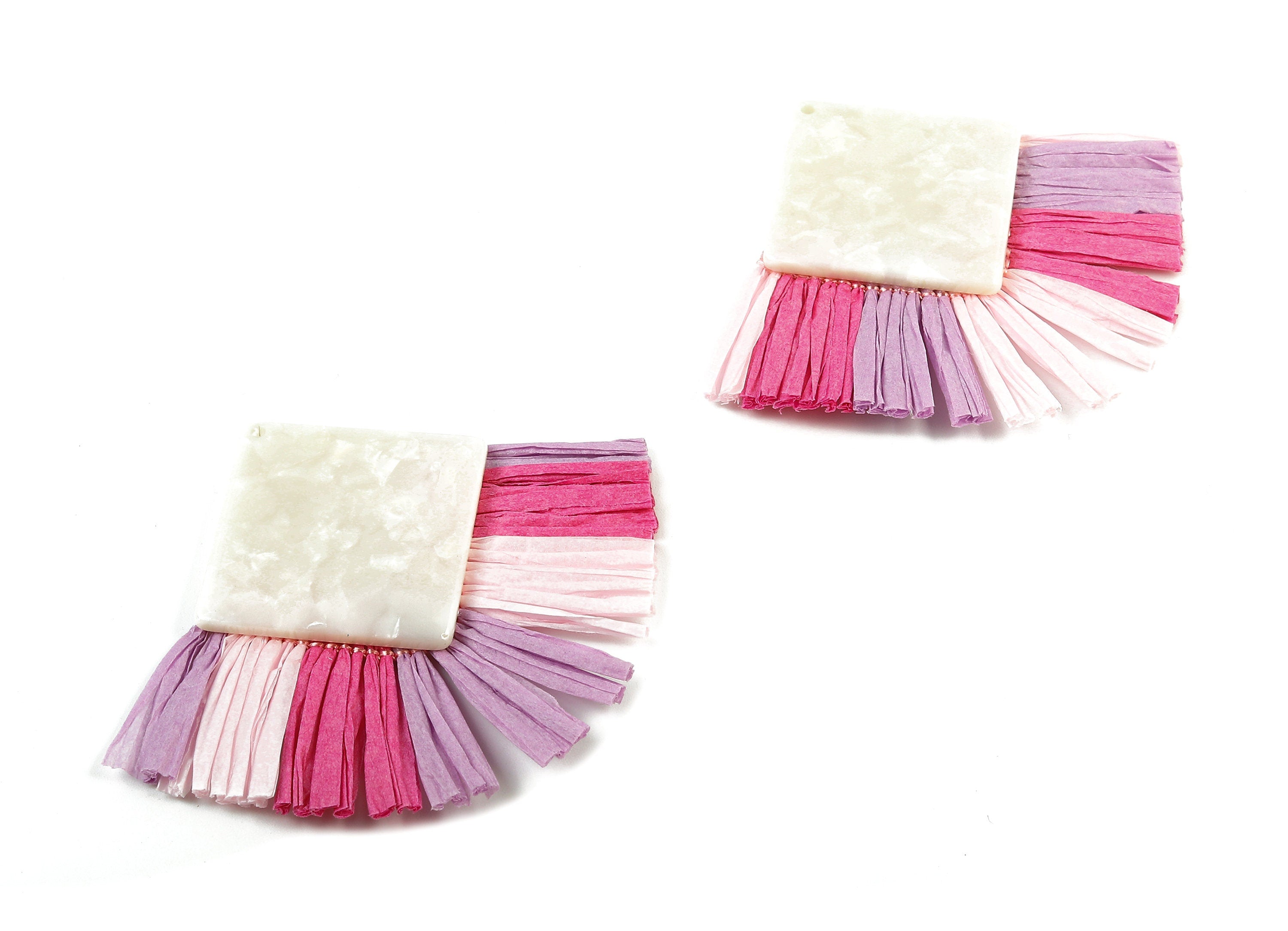 Acetate Square Raffia Tassels Charms - Earrings with Fan Tassels - Double-layer raffia - Color Code: A12 - 73.5x56.54x5.28mm - AC1772 - DOMEDBAZAAR