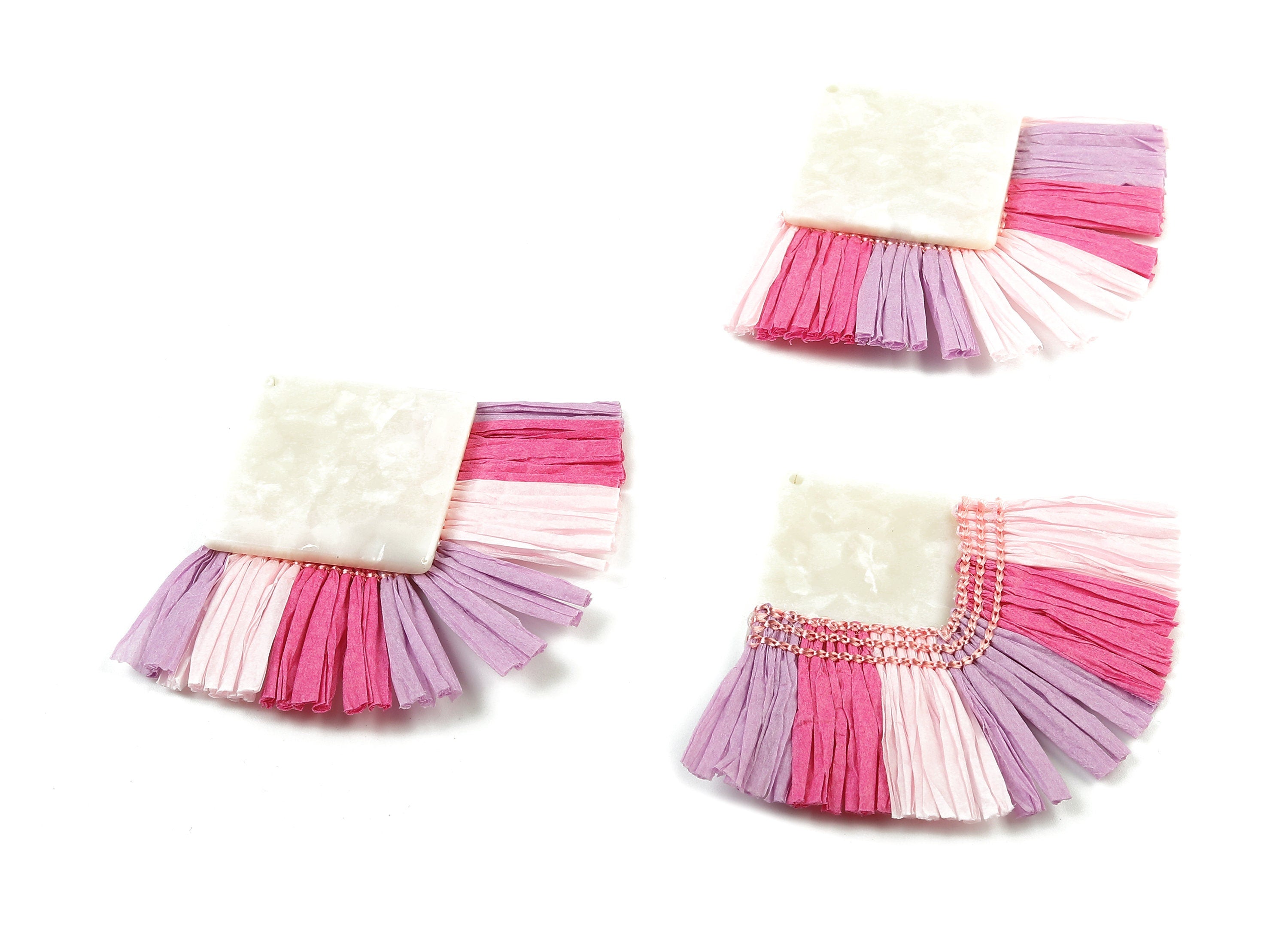 Acetate Square Raffia Tassels Charms - Earrings with Fan Tassels - Double-layer raffia - Color Code: A12 - 73.5x56.54x5.28mm - AC1772 - DOMEDBAZAAR