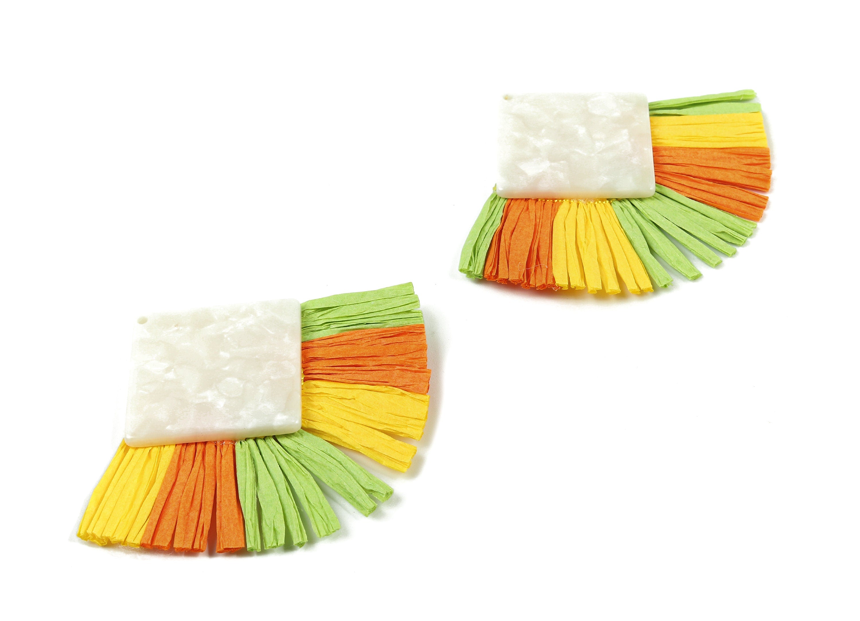 Acetate Square Raffia Tassels Charms - Earrings with Fan Tassels - Double-layer raffia - Color Code: A12 - 73.5x56.54x5.28mm - AC1771 - DOMEDBAZAAR