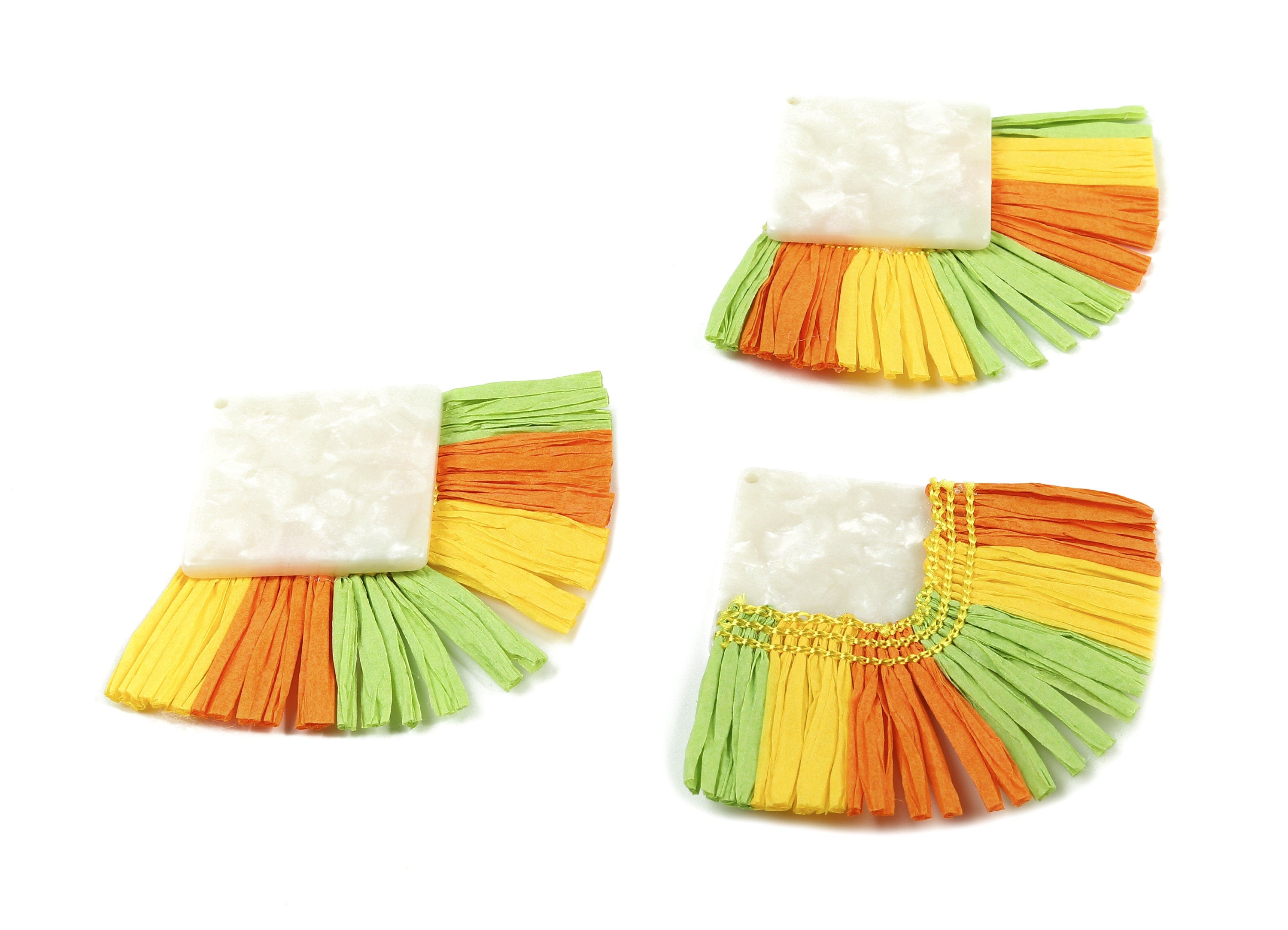 Acetate Square Raffia Tassels Charms - Earrings with Fan Tassels - Double-layer raffia - Color Code: A12 - 73.5x56.54x5.28mm - AC1771 - DOMEDBAZAAR