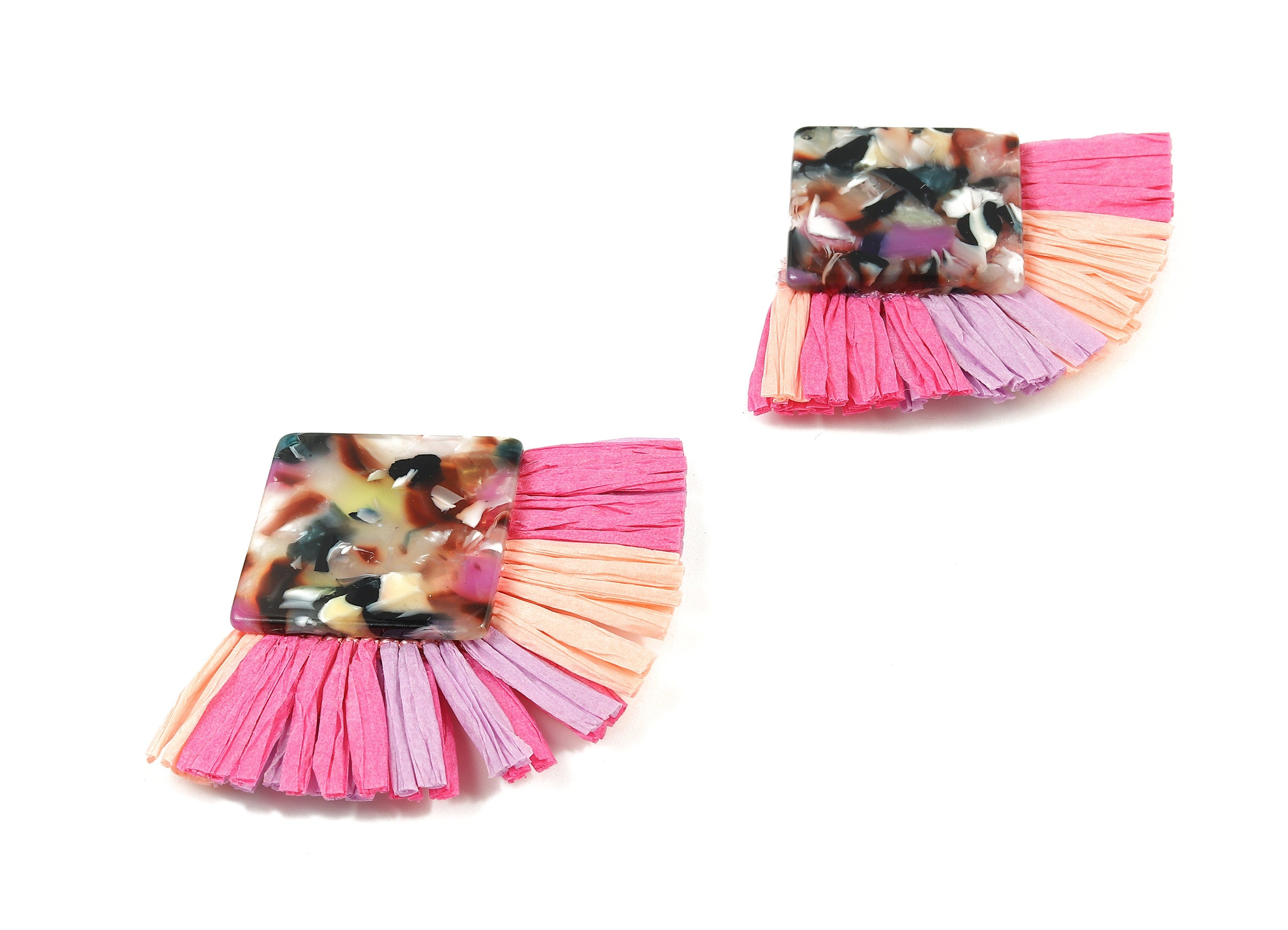 Acetate Square Raffia Tassels Charms - Earrings with Fan Tassels - Double-layer raffia - Color Code: A11 - 73.5x56.54x5.28mm - AC1768 - DOMEDBAZAAR