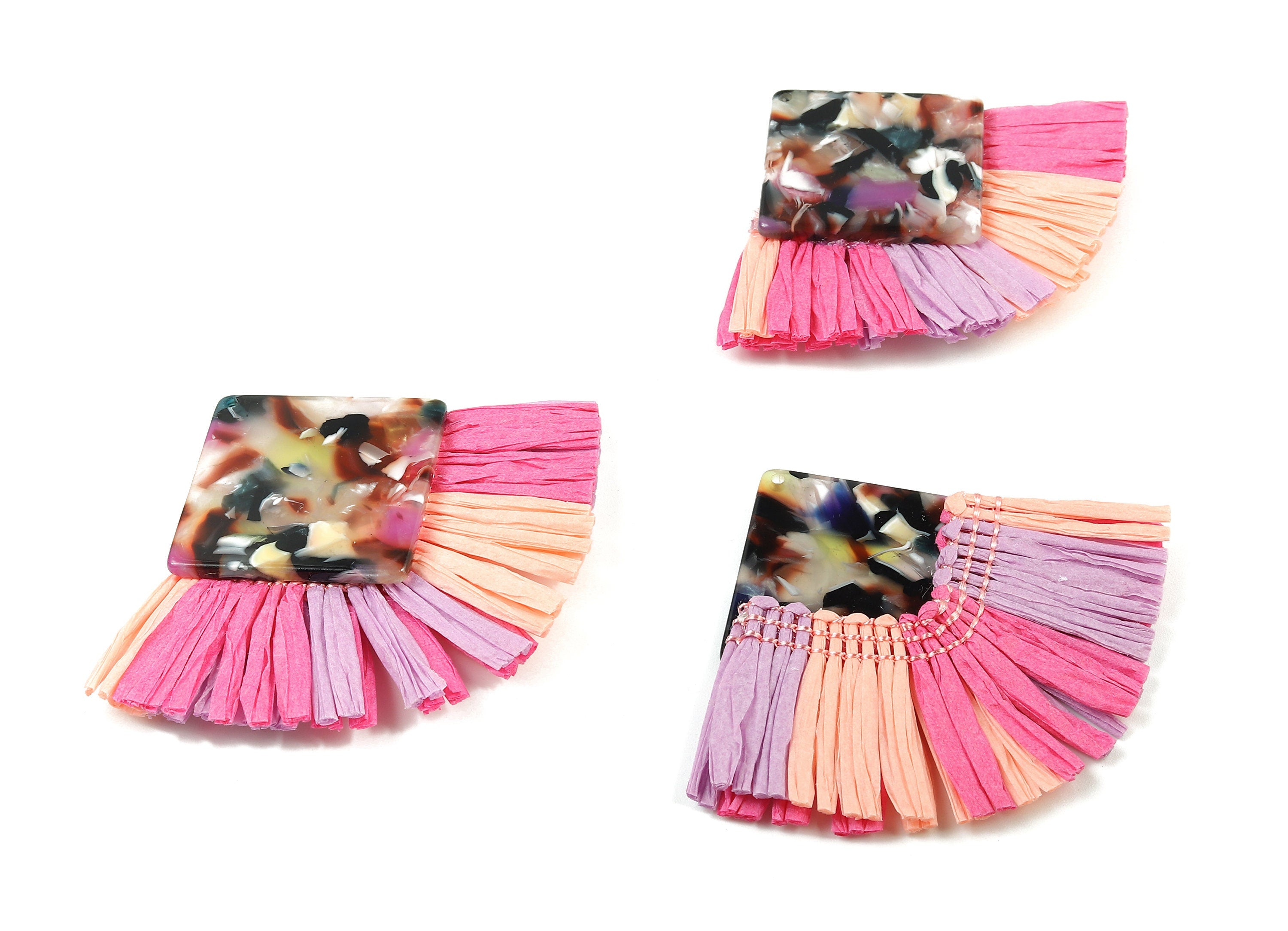 Acetate Square Raffia Tassels Charms - Earrings with Fan Tassels - Double-layer raffia - Color Code: A11 - 73.5x56.54x5.28mm - AC1768 - DOMEDBAZAAR
