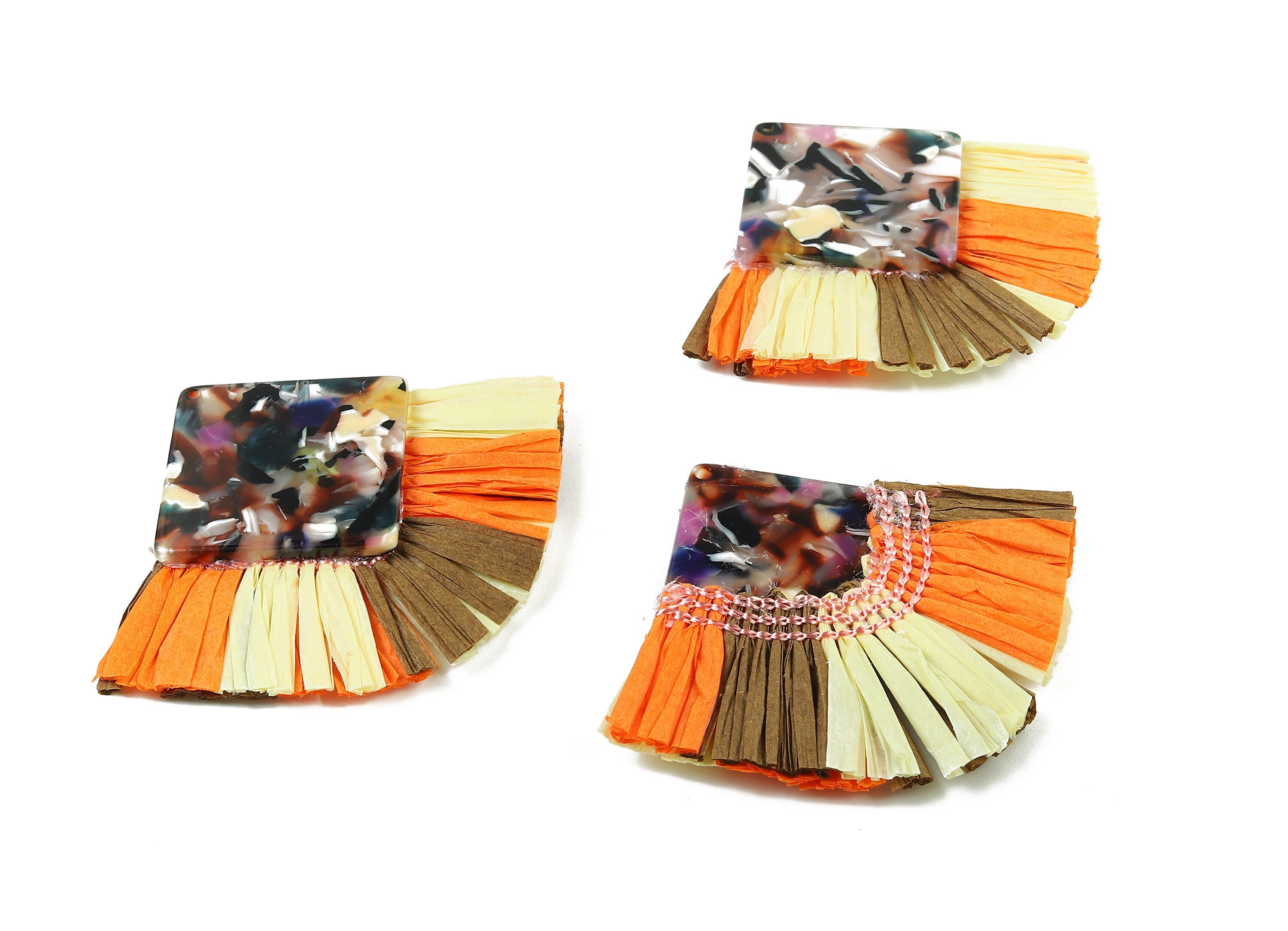 Acetate Square Raffia Tassels Charms - Earrings with Fan Tassels - Double-layer raffia - Color Code: A11 - 73.5x56.54x5.28mm - AC1767 - DOMEDBAZAAR