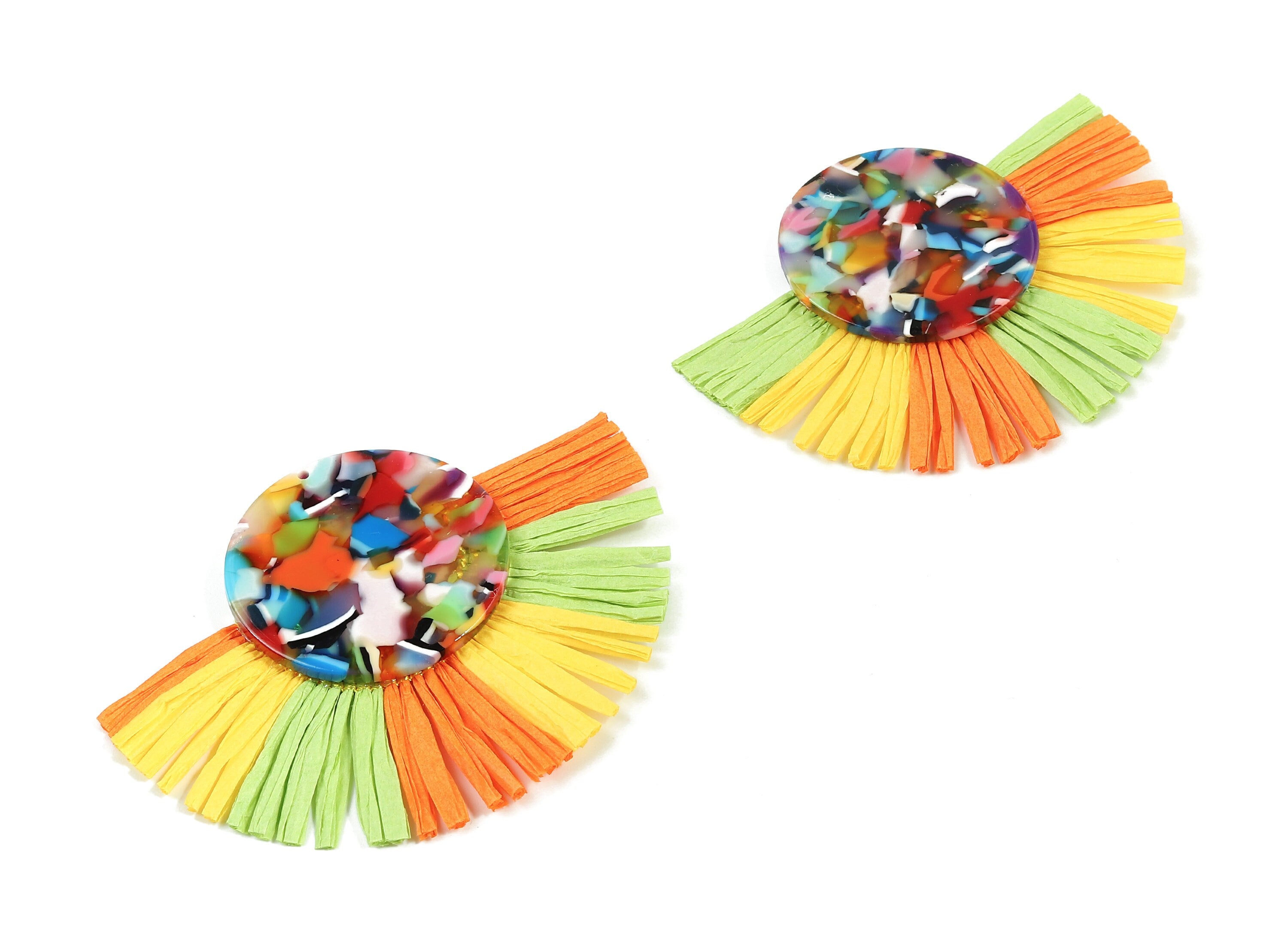 Acetate Round Raffia Tassels Charms - Earrings with Fan Tassels - Single Layer Raffia - Color Code: A21 - 81.4x59.91x4.19mm - AC1790 - DOMEDBAZAAR
