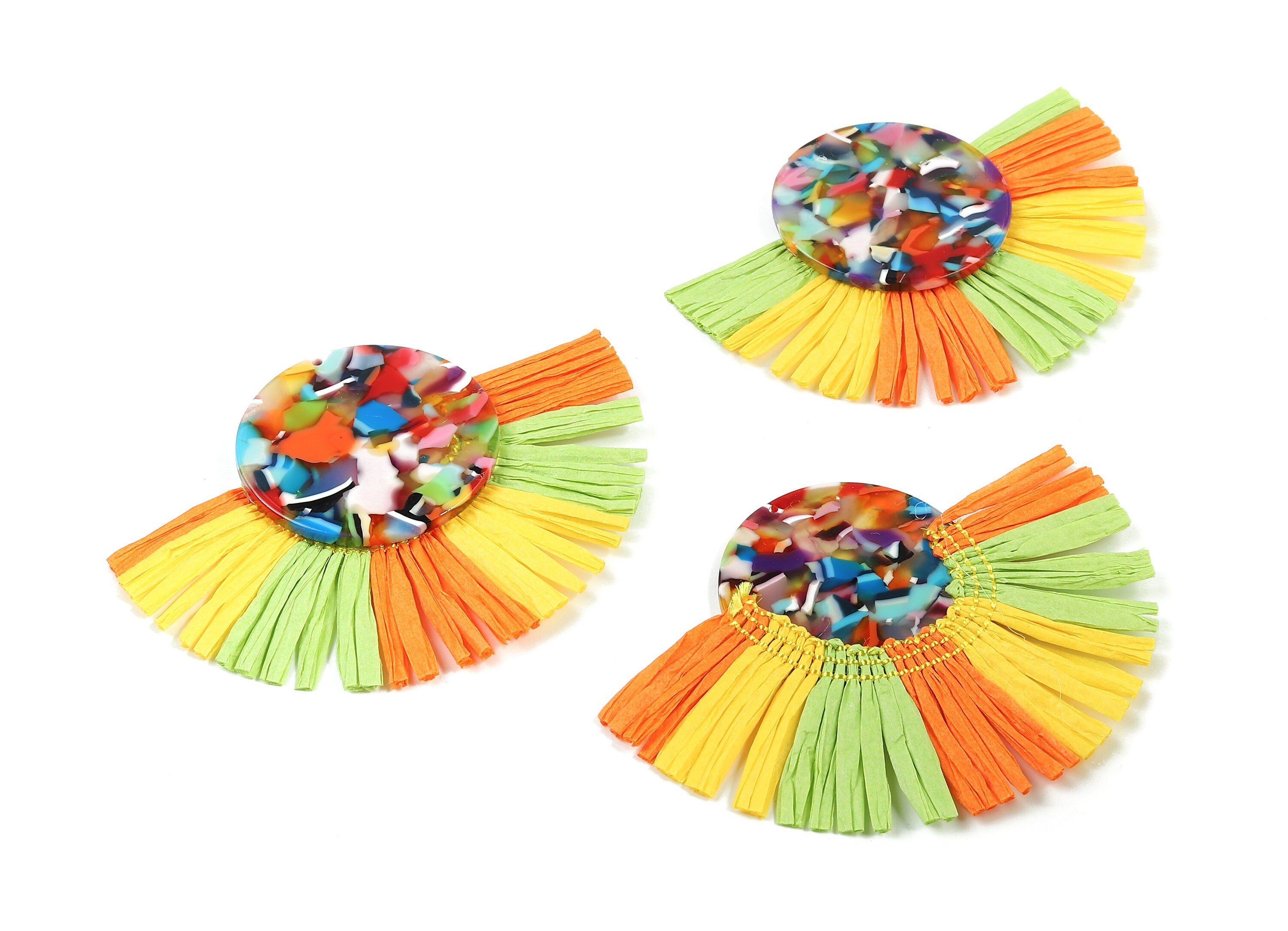Acetate Round Raffia Tassels Charms - Earrings with Fan Tassels - Single Layer Raffia - Color Code: A21 - 81.4x59.91x4.19mm - AC1790 - DOMEDBAZAAR