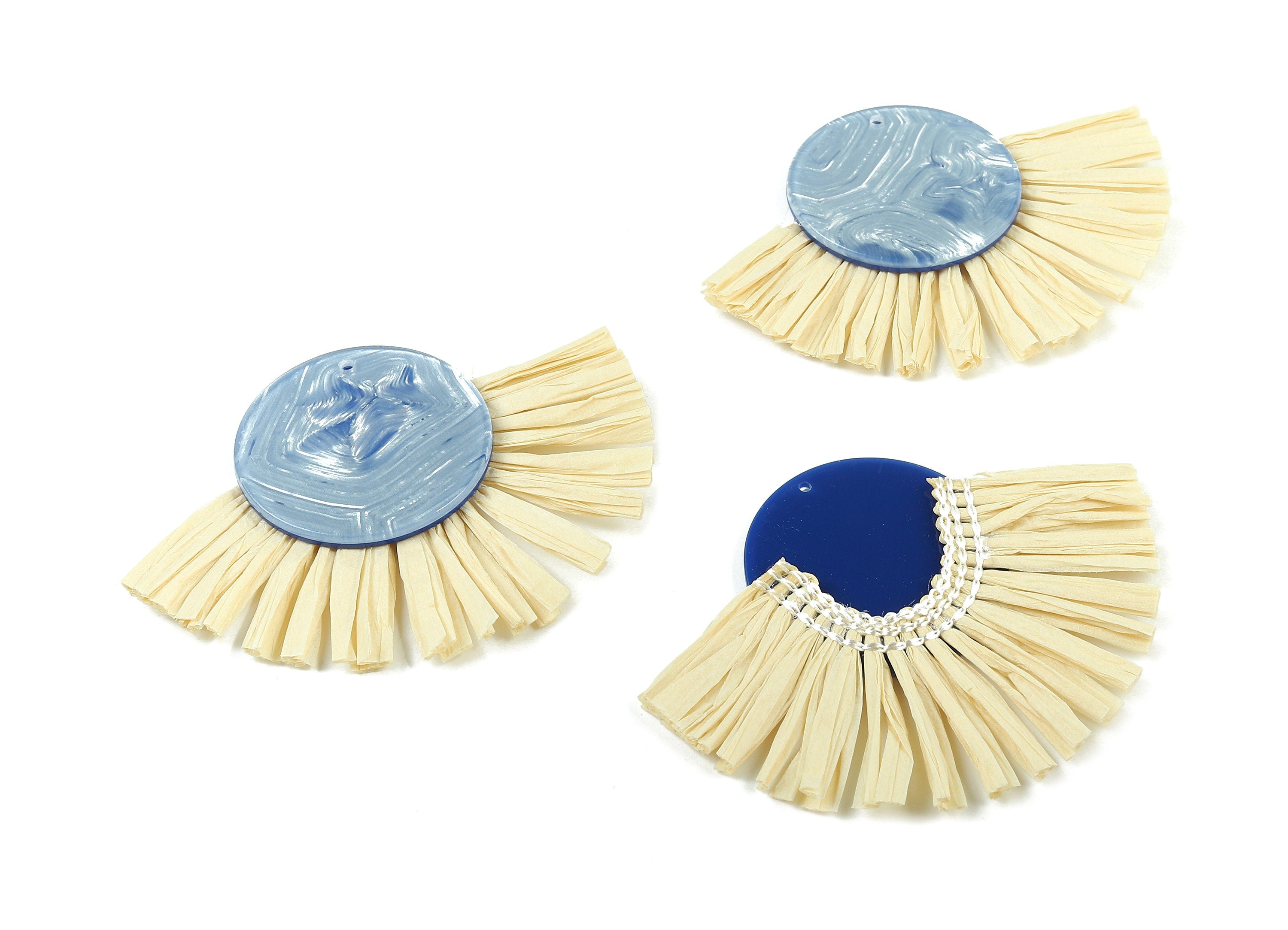 Acetate Round Raffia Tassels Charms - Earrings with Fan Tassels - Single Layer Raffia - Color Code: A385 - 75x55x4.75mm - AC1787 - DOMEDBAZAAR