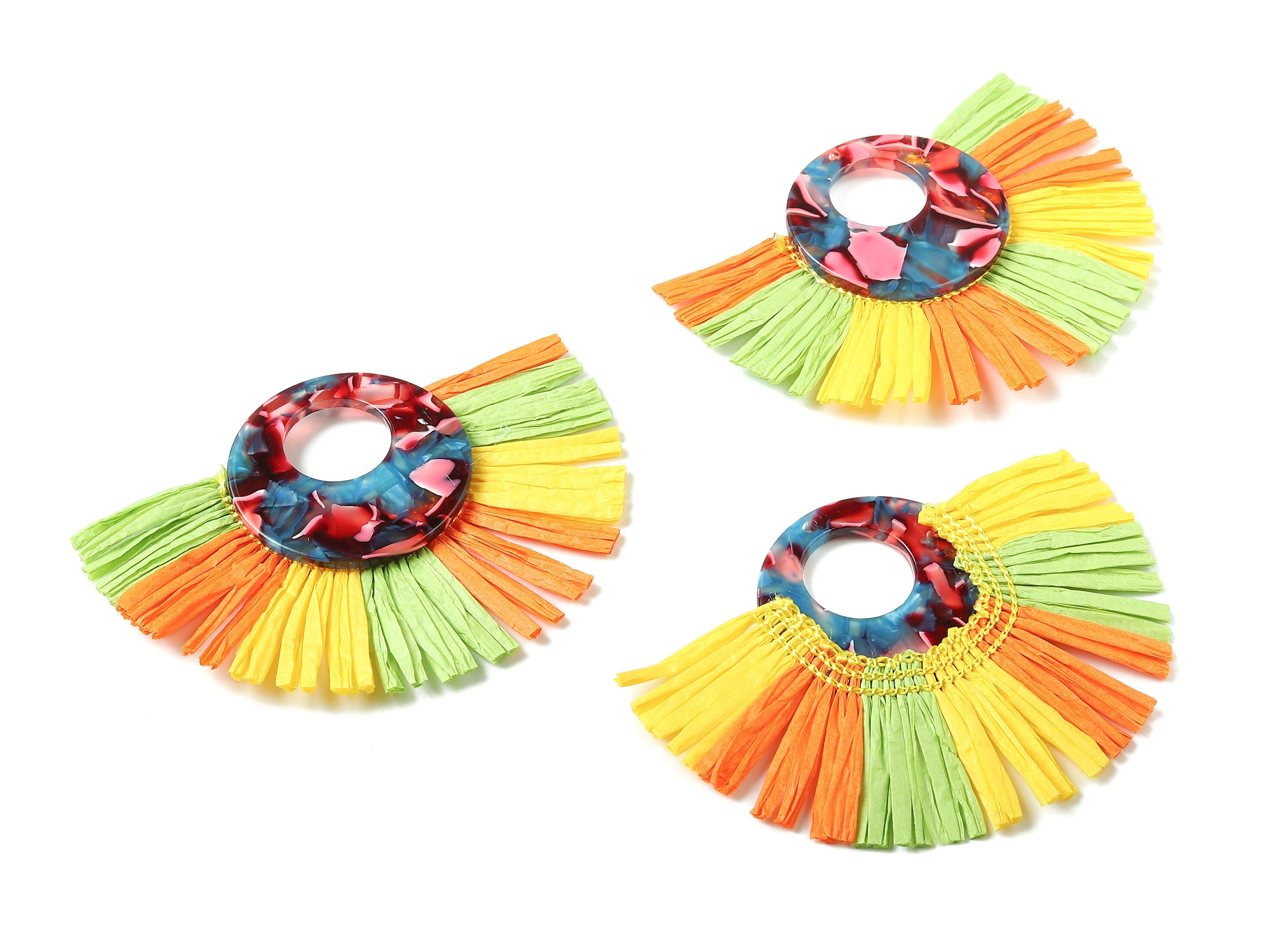 Acetate Round Raffia Tassels Charms - Earrings with Fan Tassels - Single Layer Raffia - Color Code: A24 - 79.37x56.74x4mm - AC1762 - DOMEDBAZAAR