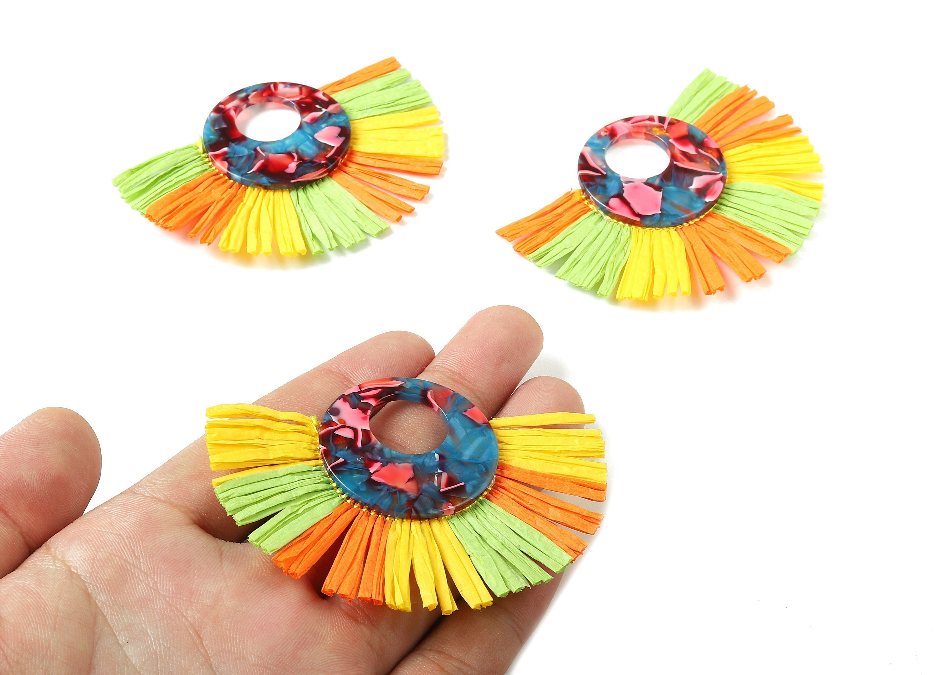 Acetate Round Raffia Tassels Charms - Earrings with Fan Tassels - Single Layer Raffia - Color Code: A24 - 79.37x56.74x4mm - AC1762 - DOMEDBAZAAR