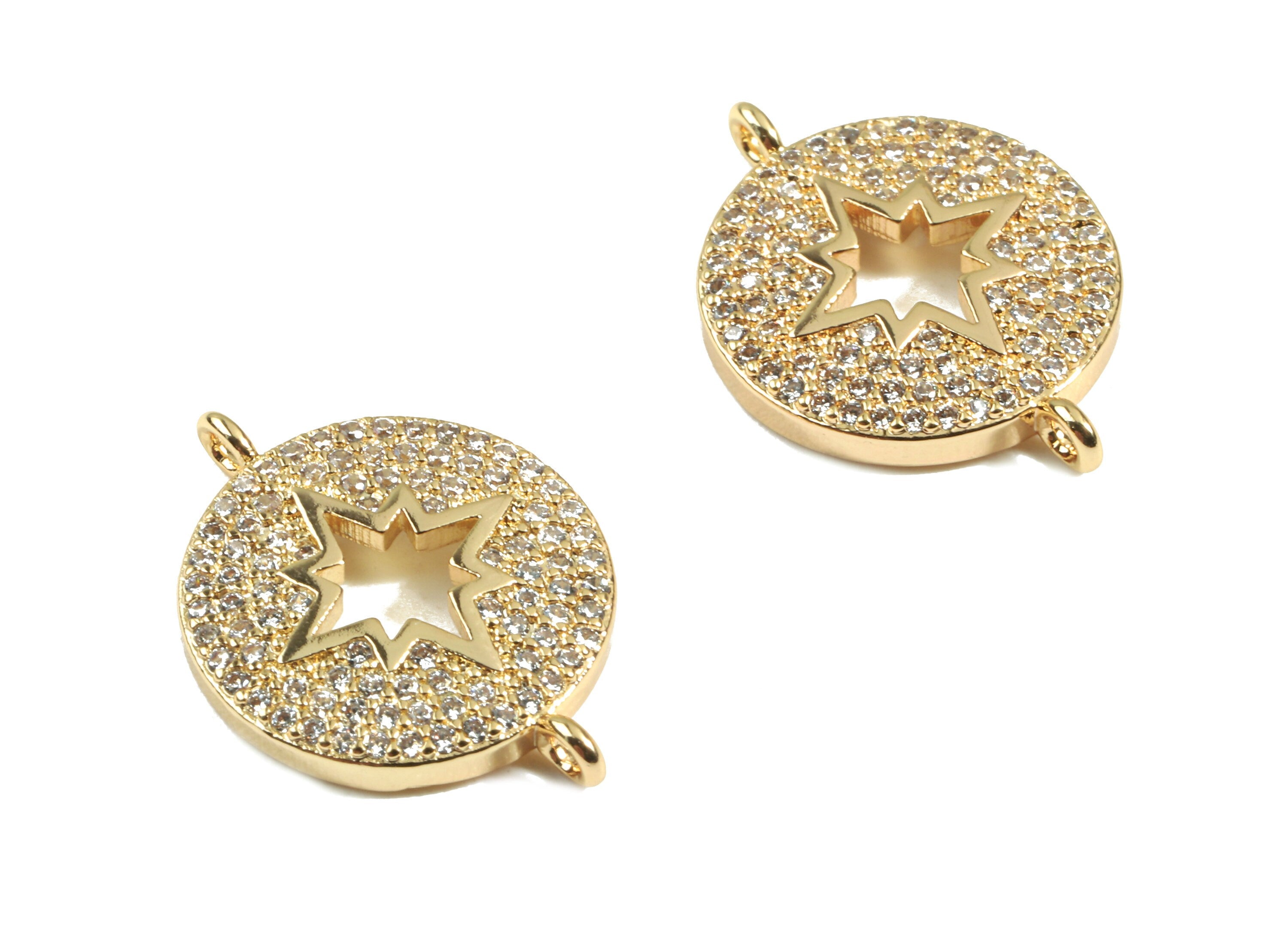 Brass Star Connector With Zircons - Brass Round Connector For Bracelet Earring - 18K Real Gold Plated Brass - 14.96x20.6x1.98mm - RGP2415 - DOMEDBAZAAR