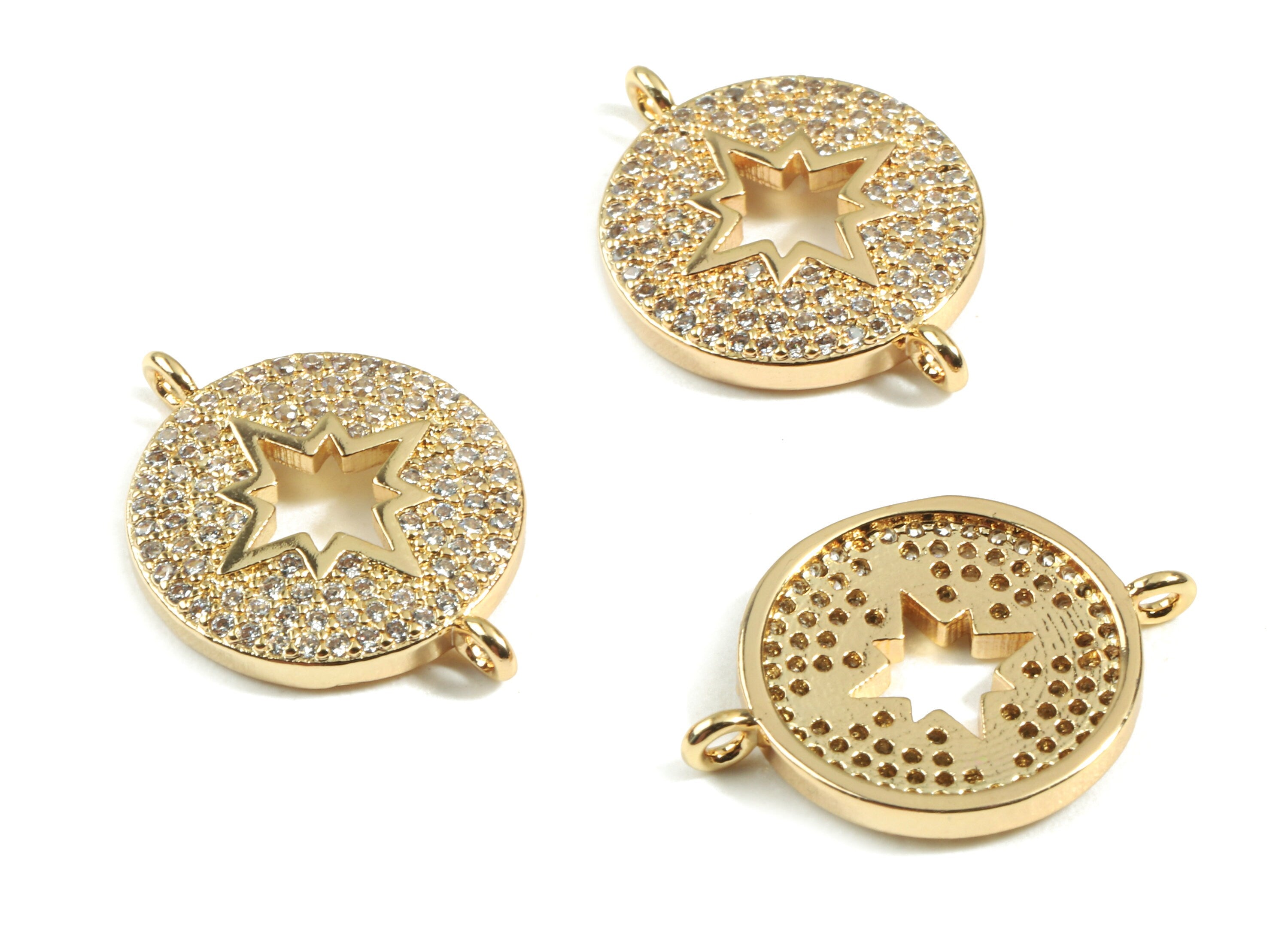 Brass Star Connector With Zircons - Brass Round Connector For Bracelet Earring - 18K Real Gold Plated Brass - 14.96x20.6x1.98mm - RGP2415 - DOMEDBAZAAR