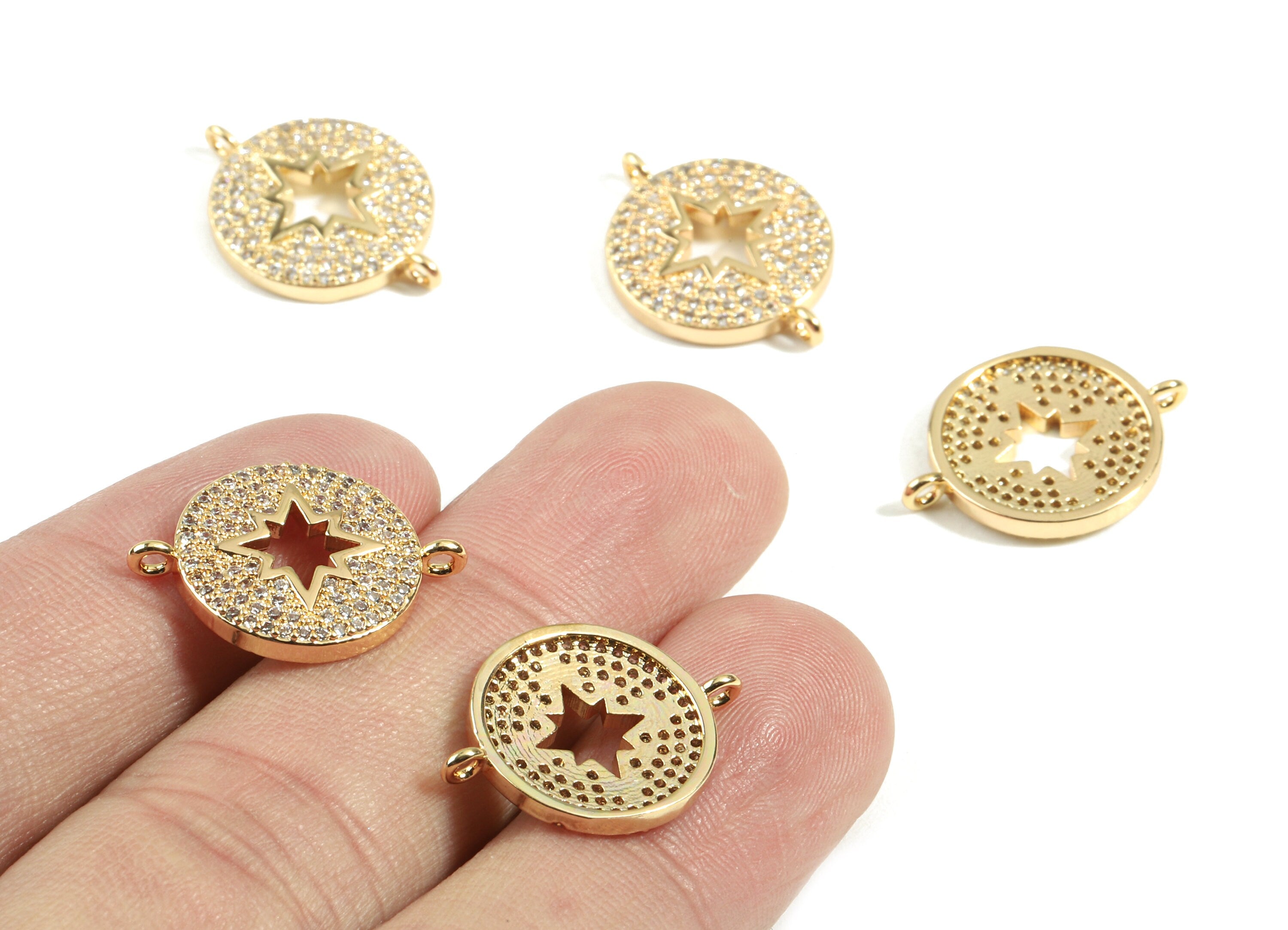 Brass Star Connector With Zircons - Brass Round Connector For Bracelet Earring - 18K Real Gold Plated Brass - 14.96x20.6x1.98mm - RGP2415 - DOMEDBAZAAR