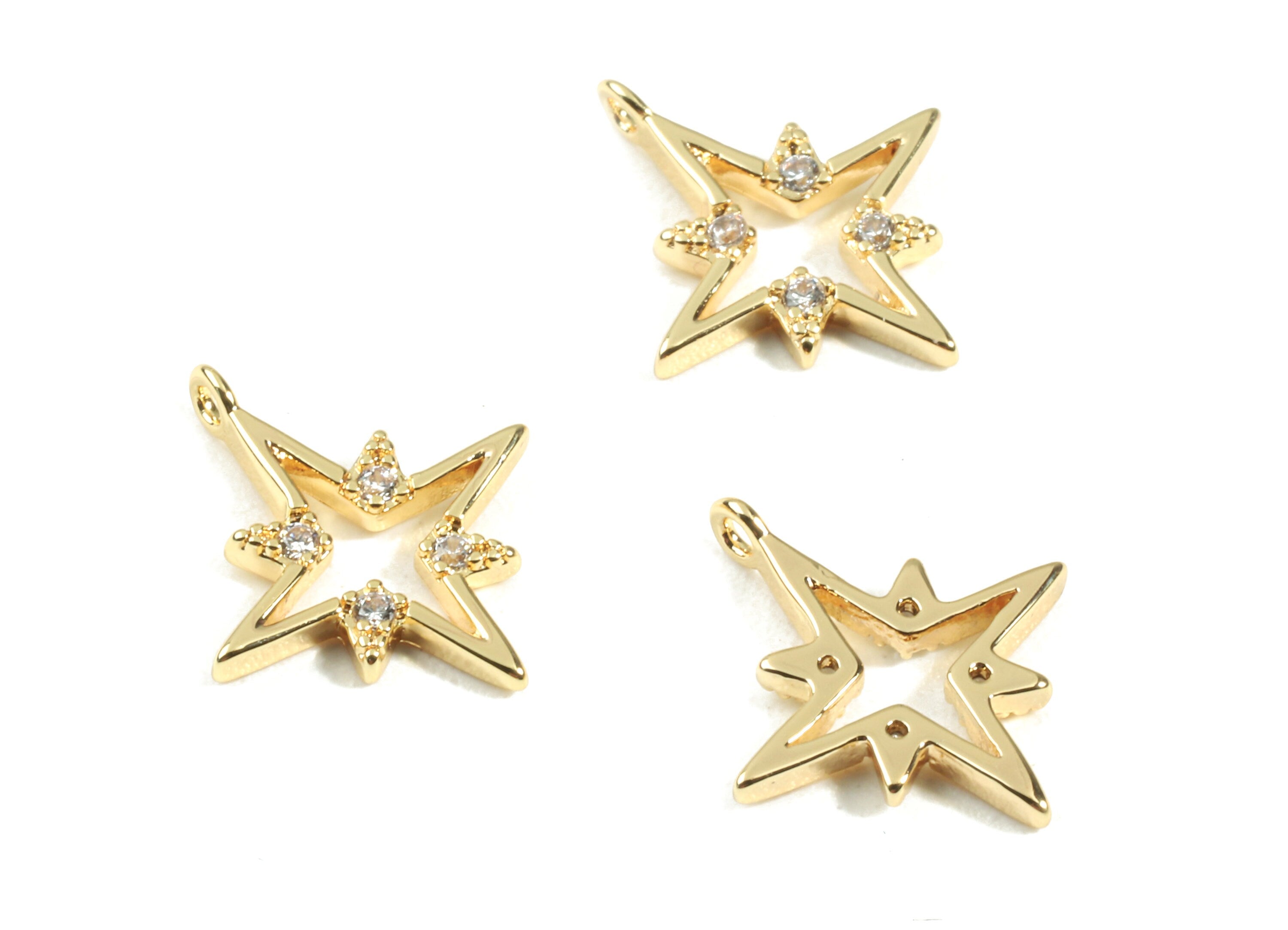 Brass Star Charms With Zircons - Brass Star Earring Pendant and Necklace - 18K Real Gold Plated Brass - 13.82x12.21x1.49mm - RGP2427 - DOMEDBAZAAR