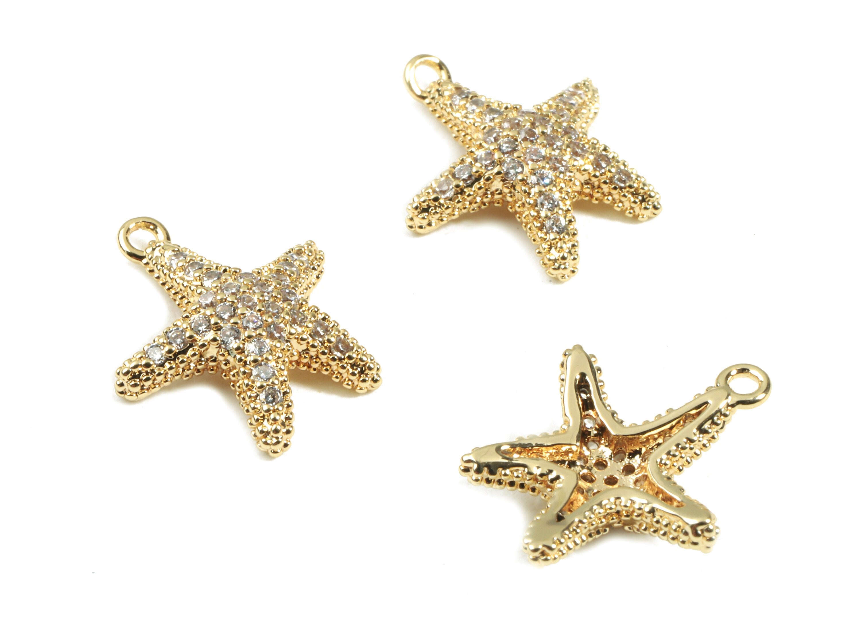Brass Starfish Charms With Zircons - Brass Starfish Earring Bracelet Charms - 18K Real Gold Plated Brass - 13.52x11.37x1.97mm - RGP2437 - DOMEDBAZAAR