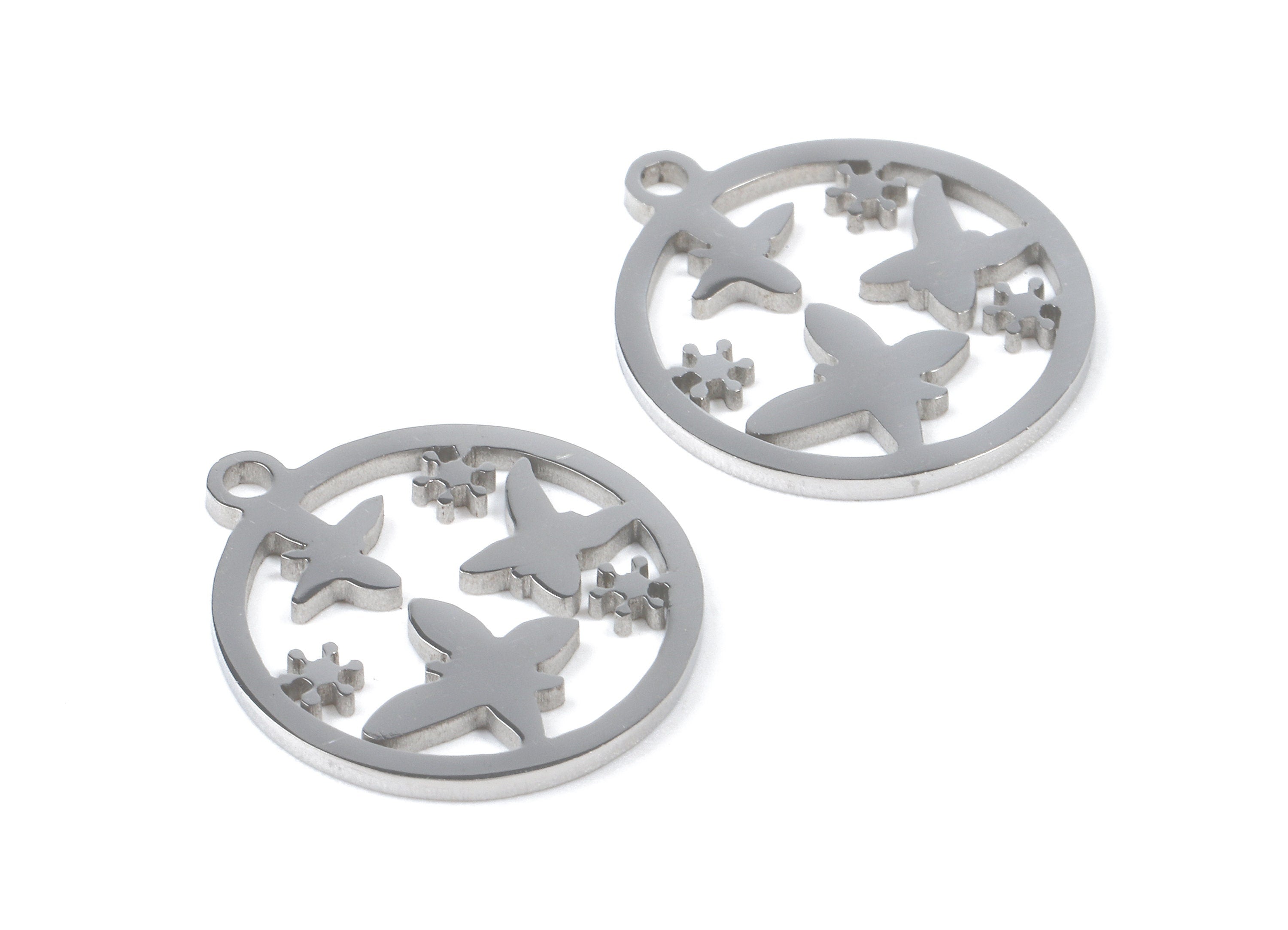 Stainless Steel Butterflies Charms - Butterfly in Circle - Circle Earrings and Pendant - Bracelet Pendant - 17.48x15.33x0.94mm - SS1039 - DOMEDBAZAAR
