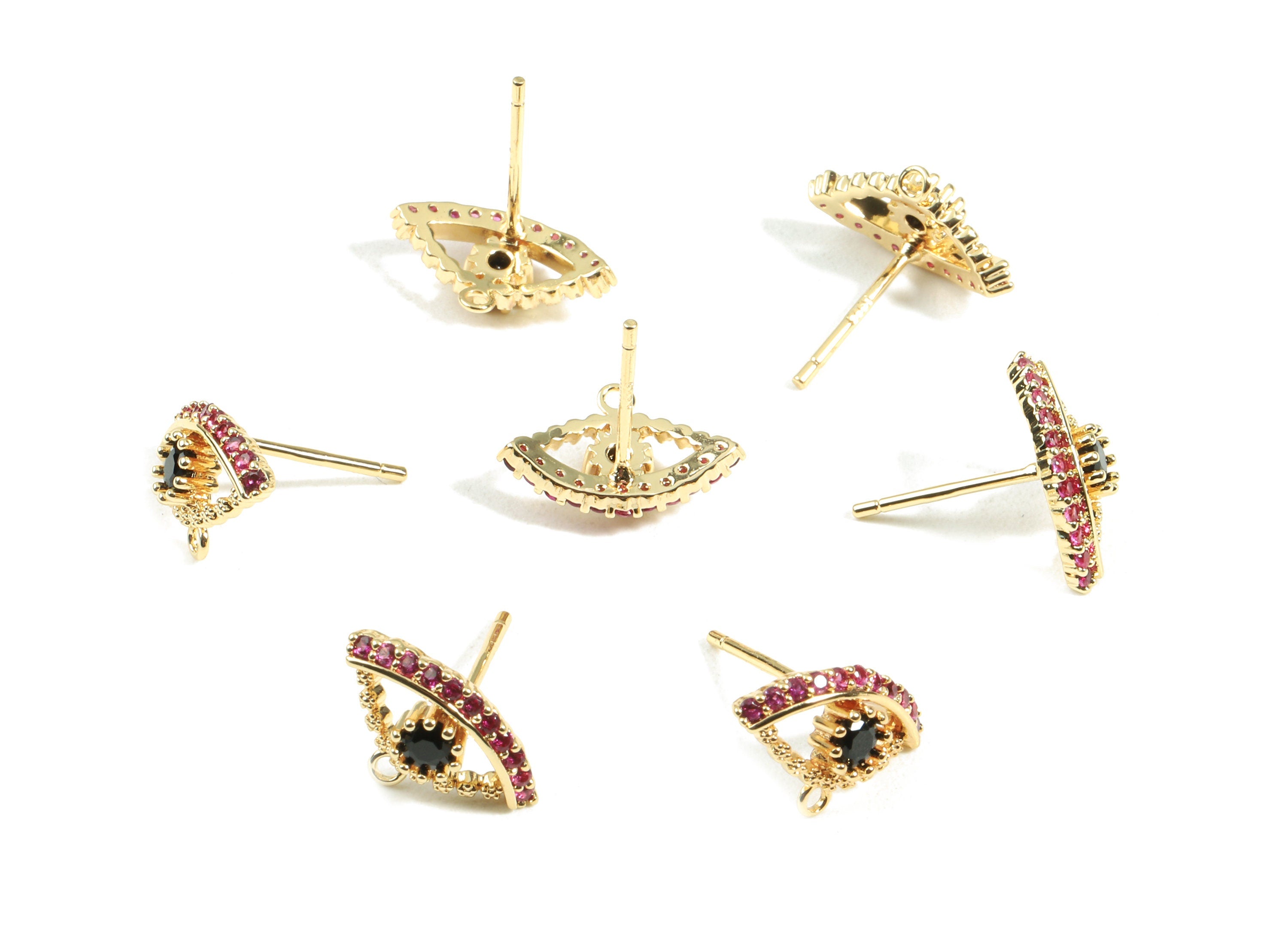 Brass Eye Earring Stud With Zircon - Brass Eye Earring Post With Loop- 18K Real Gold Plated Brass - 13.69x8.76x2.82mm - RGP2410 - DOMEDBAZAAR