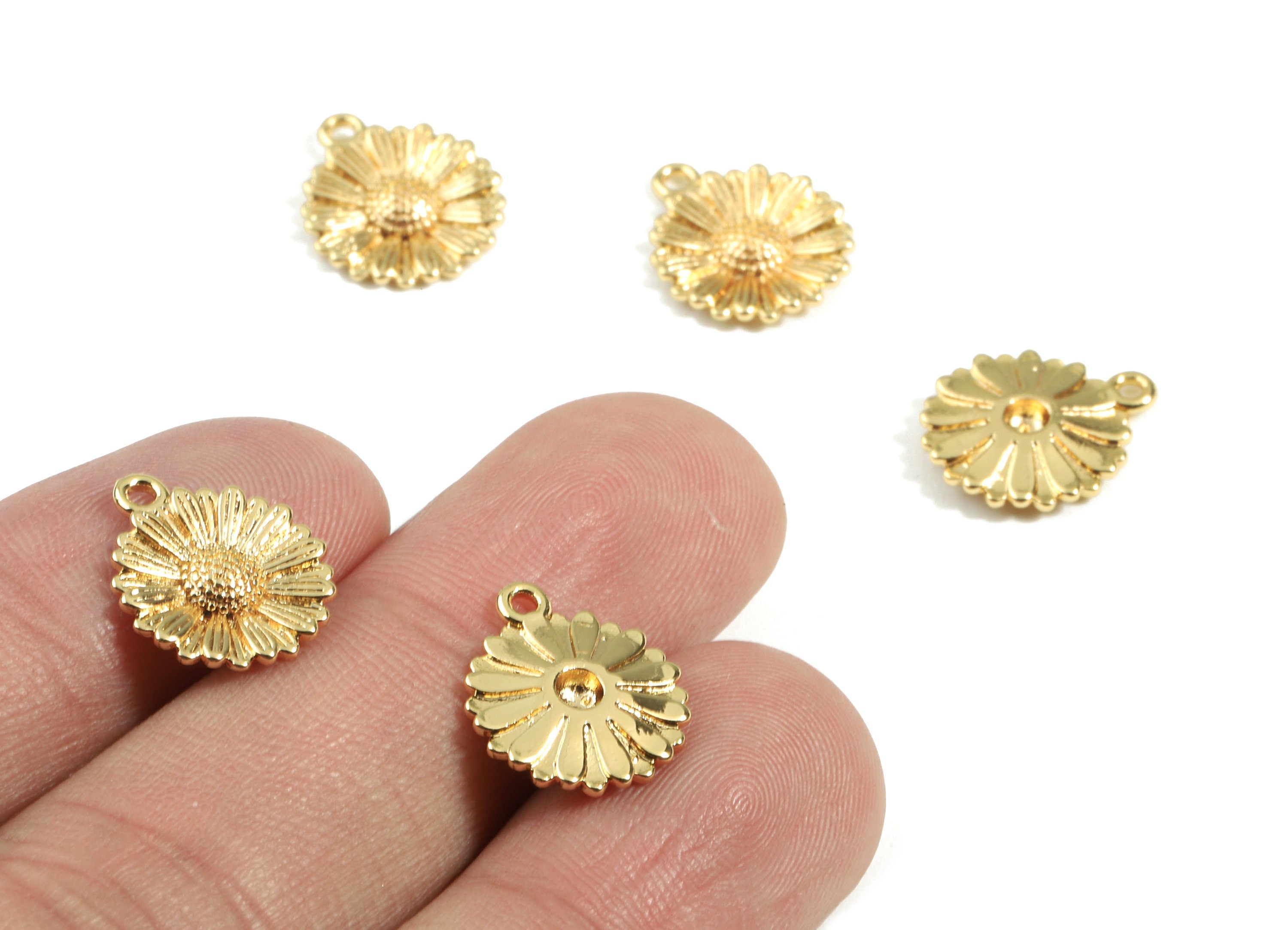 Brass Daisy Earring Charms - Brass Daisy Earring Pendant - 18K Real Gold Plated Brass - Jewelry Supplies - 14.53x12.15x2.38mm - RGP2438 - DOMEDBAZAAR