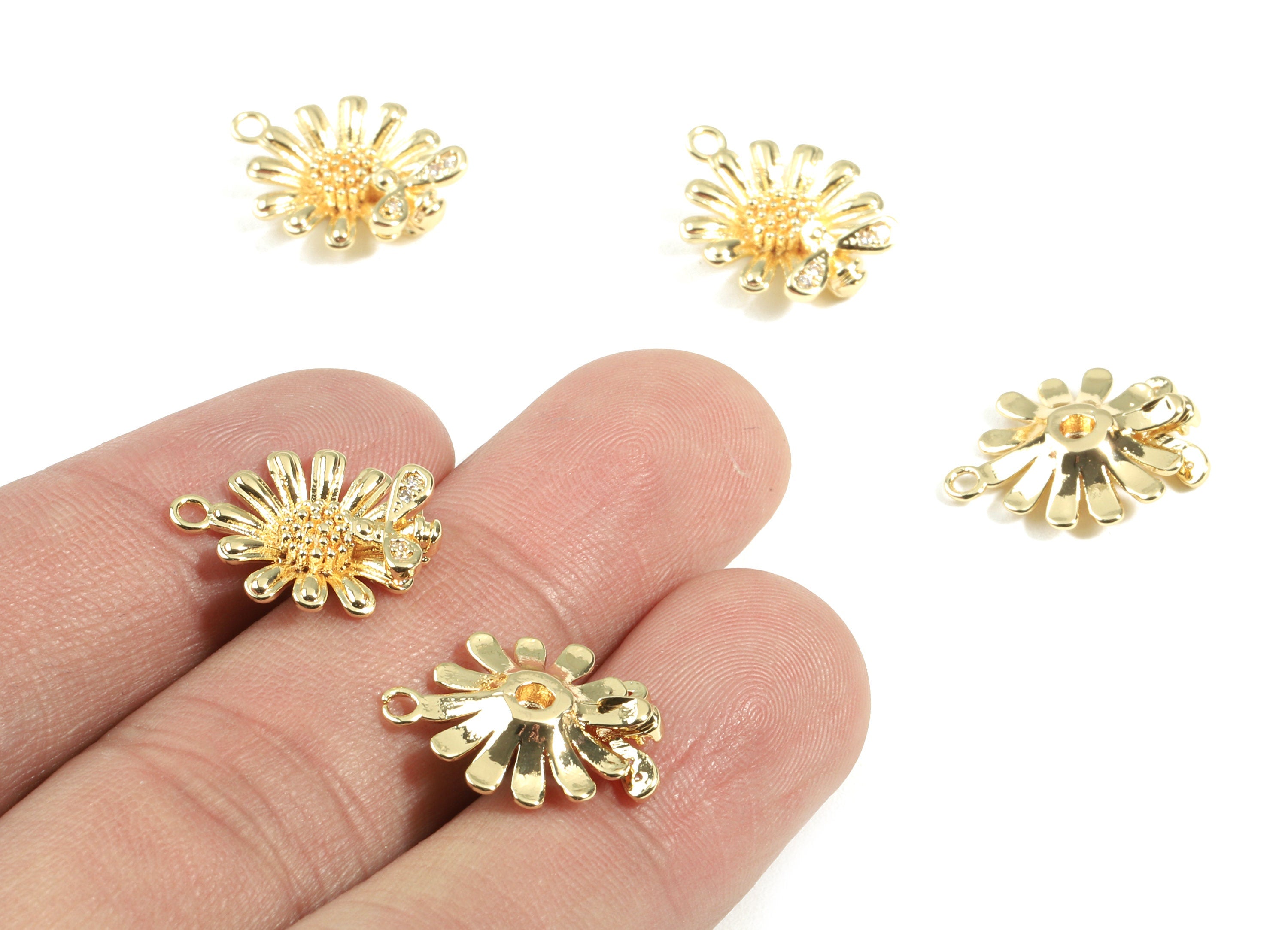 Brass Daisy Earring Charms With Zircon - Brass Daisy Earring Pendant - 18K Real Gold Plated Brass - 17.43x13.75x3.68mm - RGP2440 - DOMEDBAZAAR