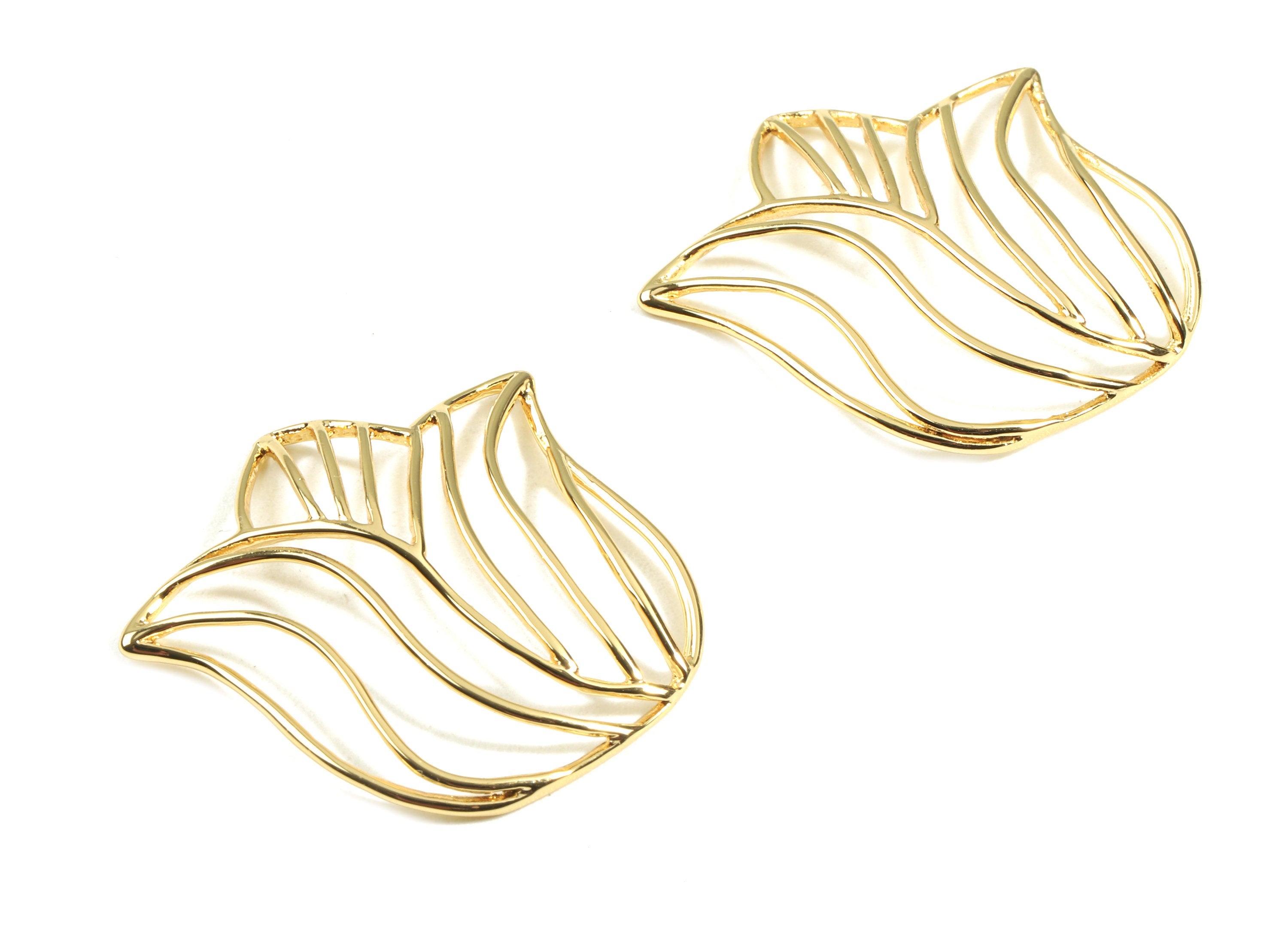 Brass Tulip Earring Wire - Brass Gold Tulip Earring Charms - 18K Real Gold Plated Brass - Jewelry Supplies - 30.03x28.8x0.87mm - RGP2378 - DOMEDBAZAAR