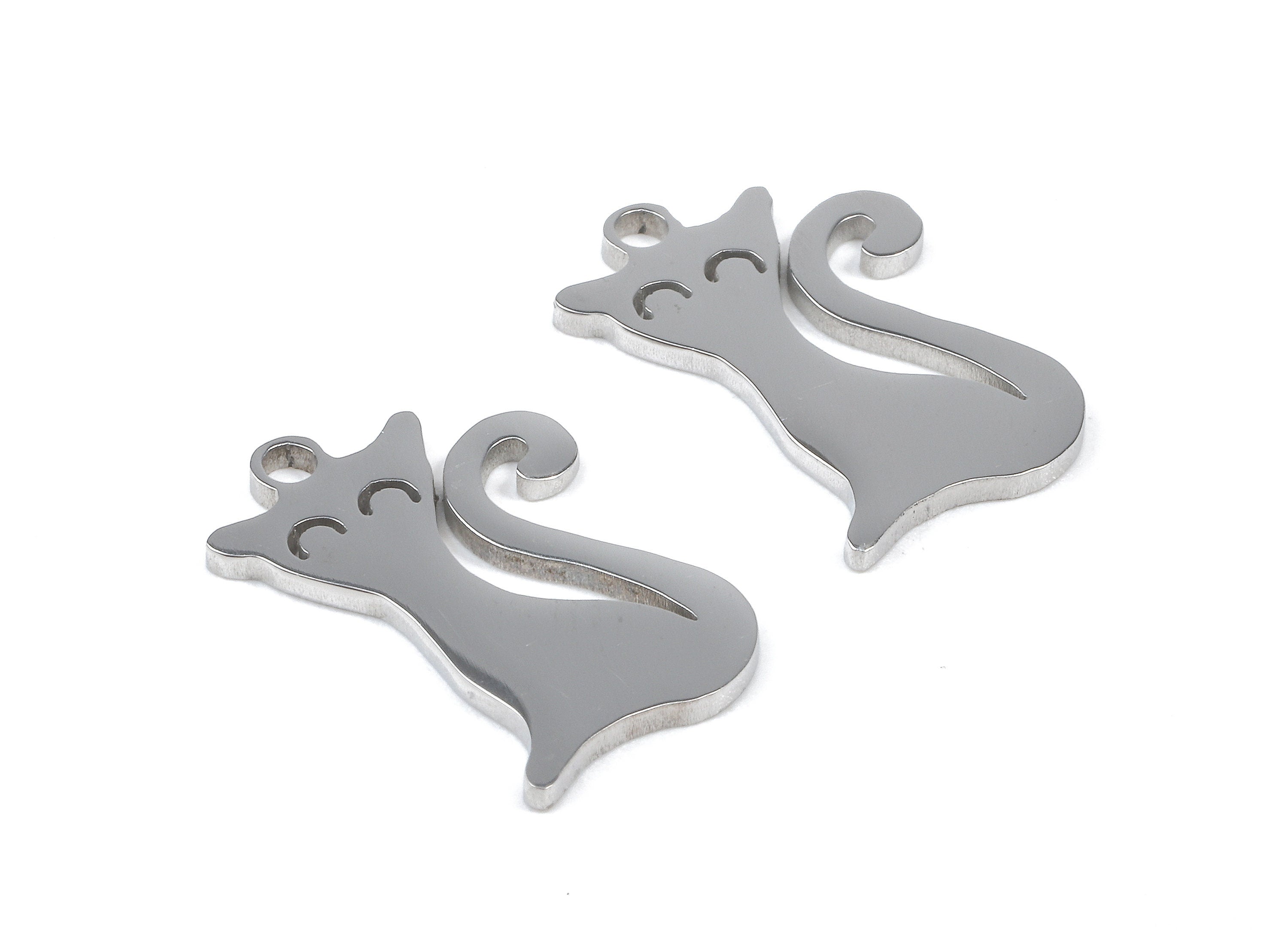 Stainless Steel Cat Charms - Stainless Steel Cat Earrings and Pendant - Bracelet Pendant - Jewelry Supplies - 15.38x10.91x0.95mm - SS1058 - DOMEDBAZAAR