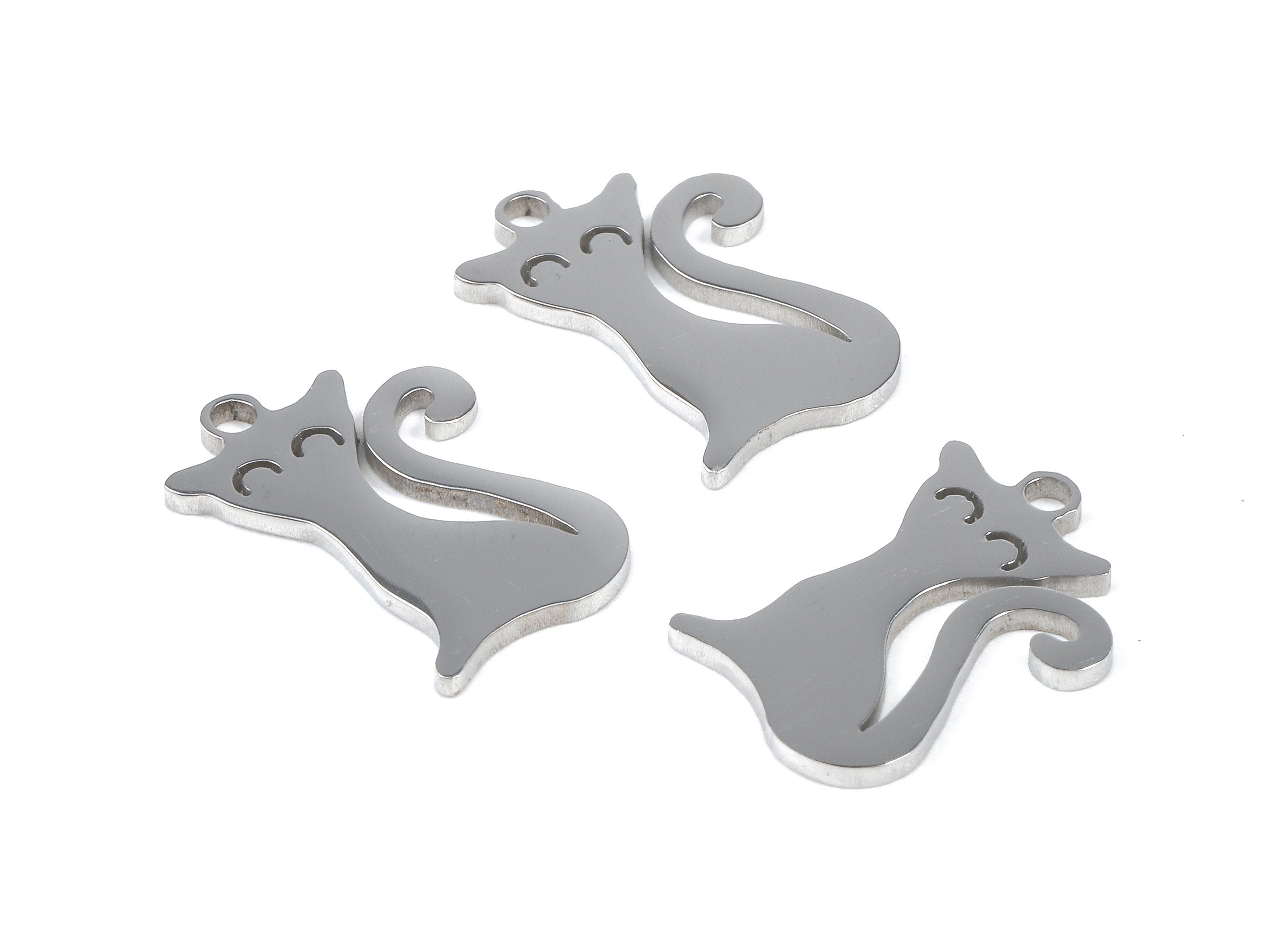 Stainless Steel Cat Charms - Stainless Steel Cat Earrings and Pendant - Bracelet Pendant - Jewelry Supplies - 15.38x10.91x0.95mm - SS1058 - DOMEDBAZAAR