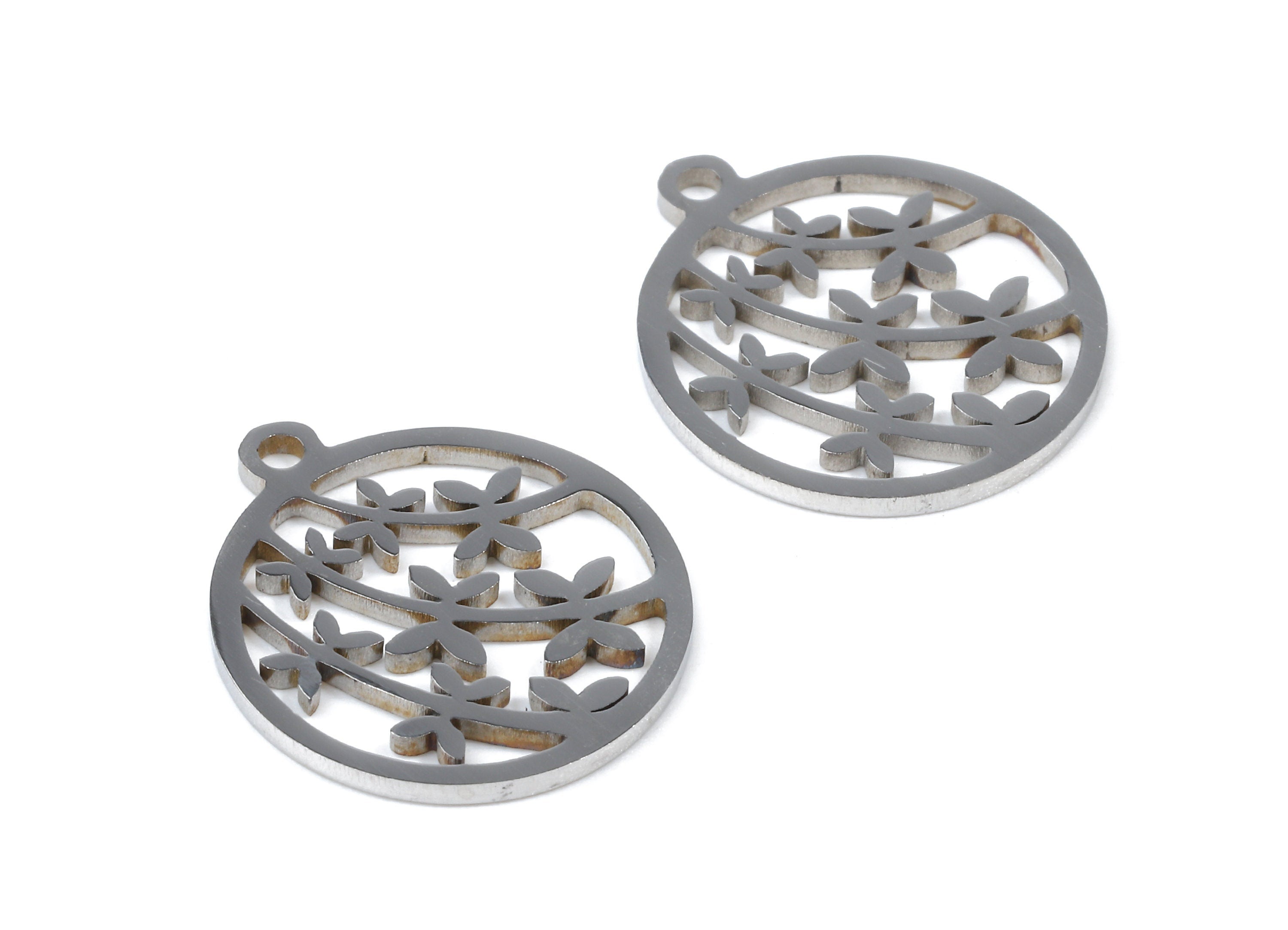 Stainless Steel Flower Charms - Flower in Circle - Circle Earrings and Pendant - Bracelet Pendant - 17.44x15.38x0.94mm - SS1019 - DOMEDBAZAAR
