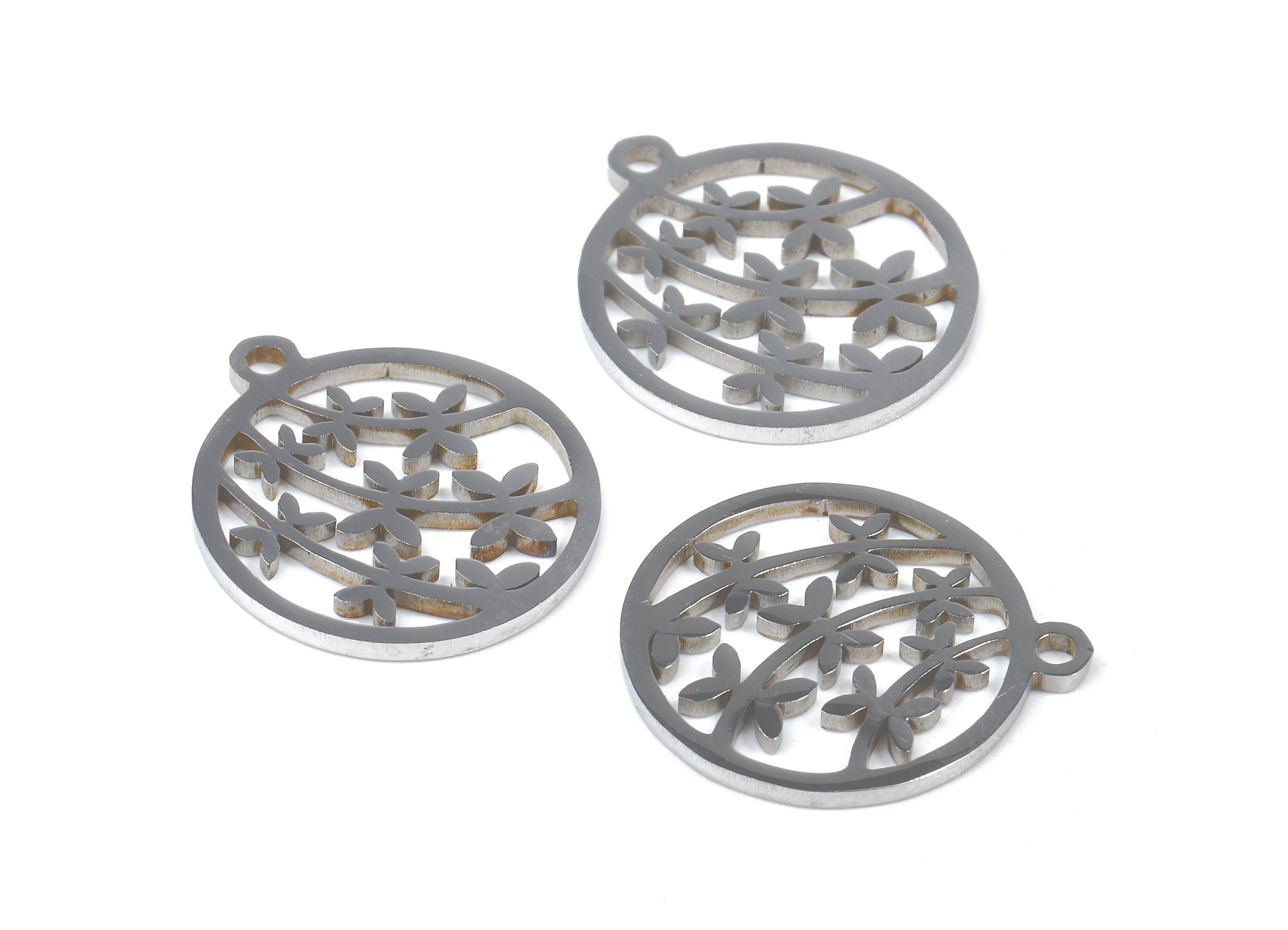 Stainless Steel Flower Charms - Flower in Circle - Circle Earrings and Pendant - Bracelet Pendant - 17.44x15.38x0.94mm - SS1019 - DOMEDBAZAAR