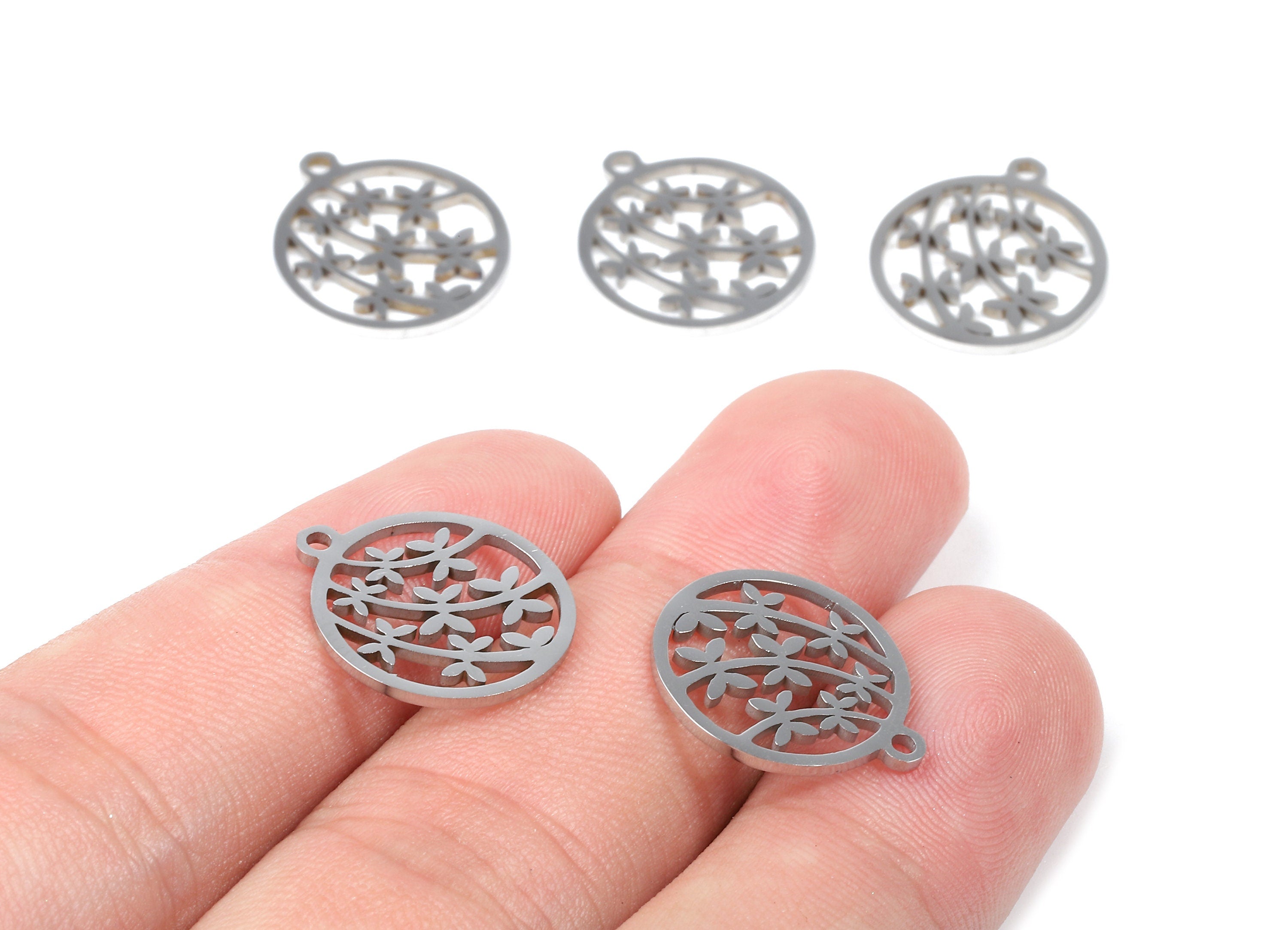 Stainless Steel Flower Charms - Flower in Circle - Circle Earrings and Pendant - Bracelet Pendant - 17.44x15.38x0.94mm - SS1019 - DOMEDBAZAAR