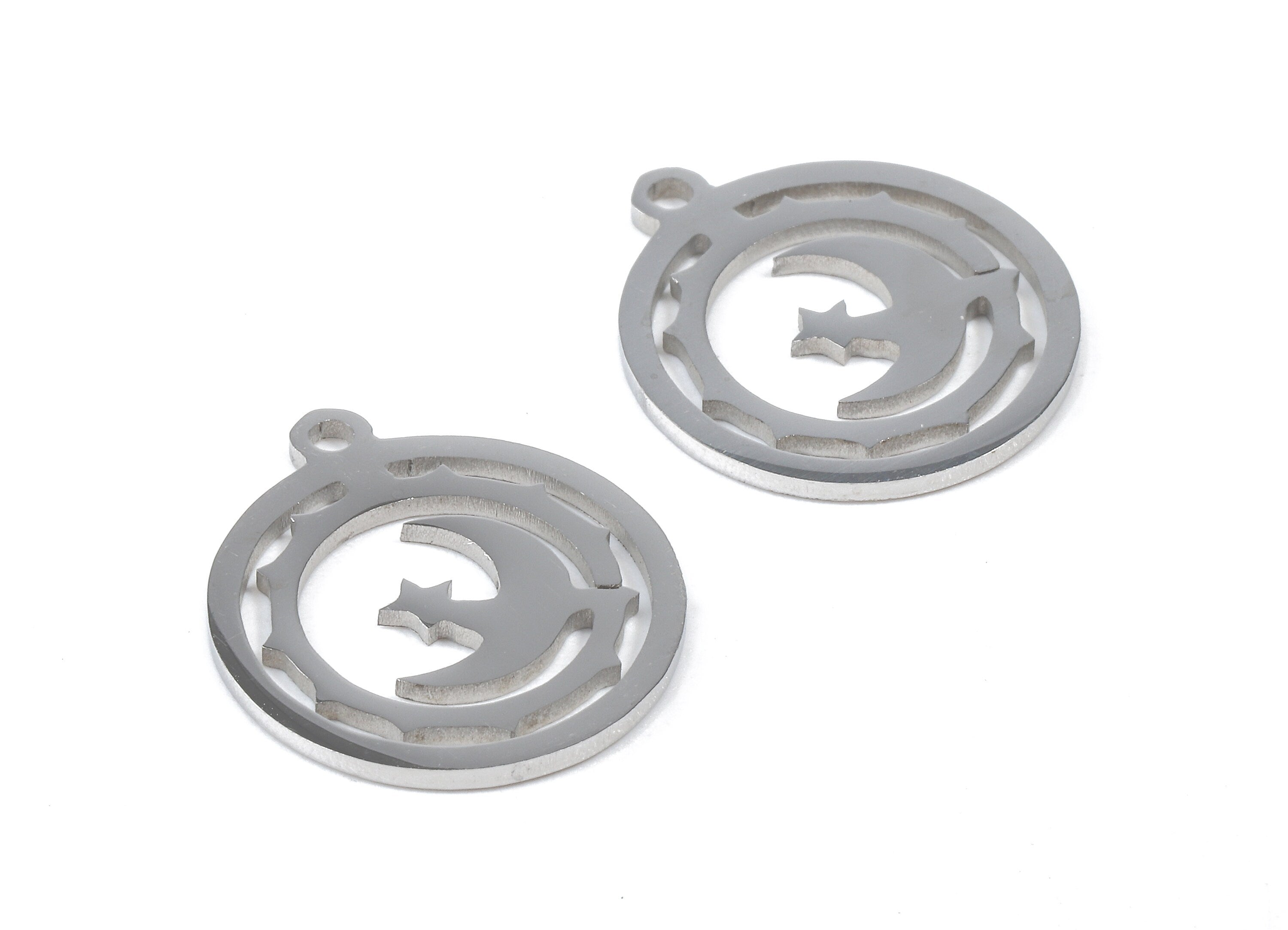 Stainless Steel Moon Charms - Moon in Circle - Circle Earrings and Pendant - Bracelet Pendant - 17.46x15.36x0.93mm - SS1040 - DOMEDBAZAAR