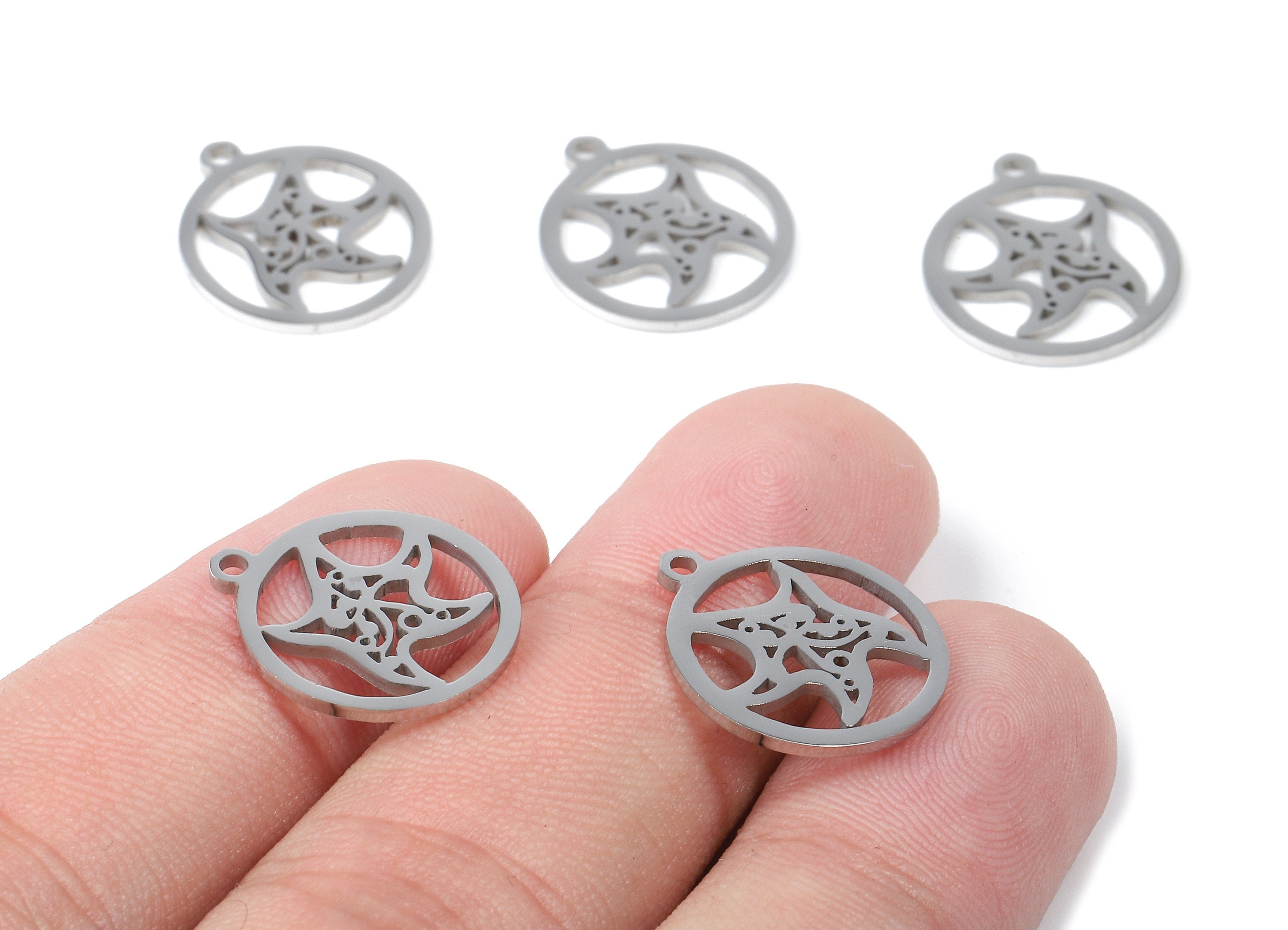 Stainless Steel Starfish Charms - Starfish in Circle - Circle Earrings and Pendant - Bracelet Pendant - 17.44x15.4x0.92mm - SS1032 - DOMEDBAZAAR