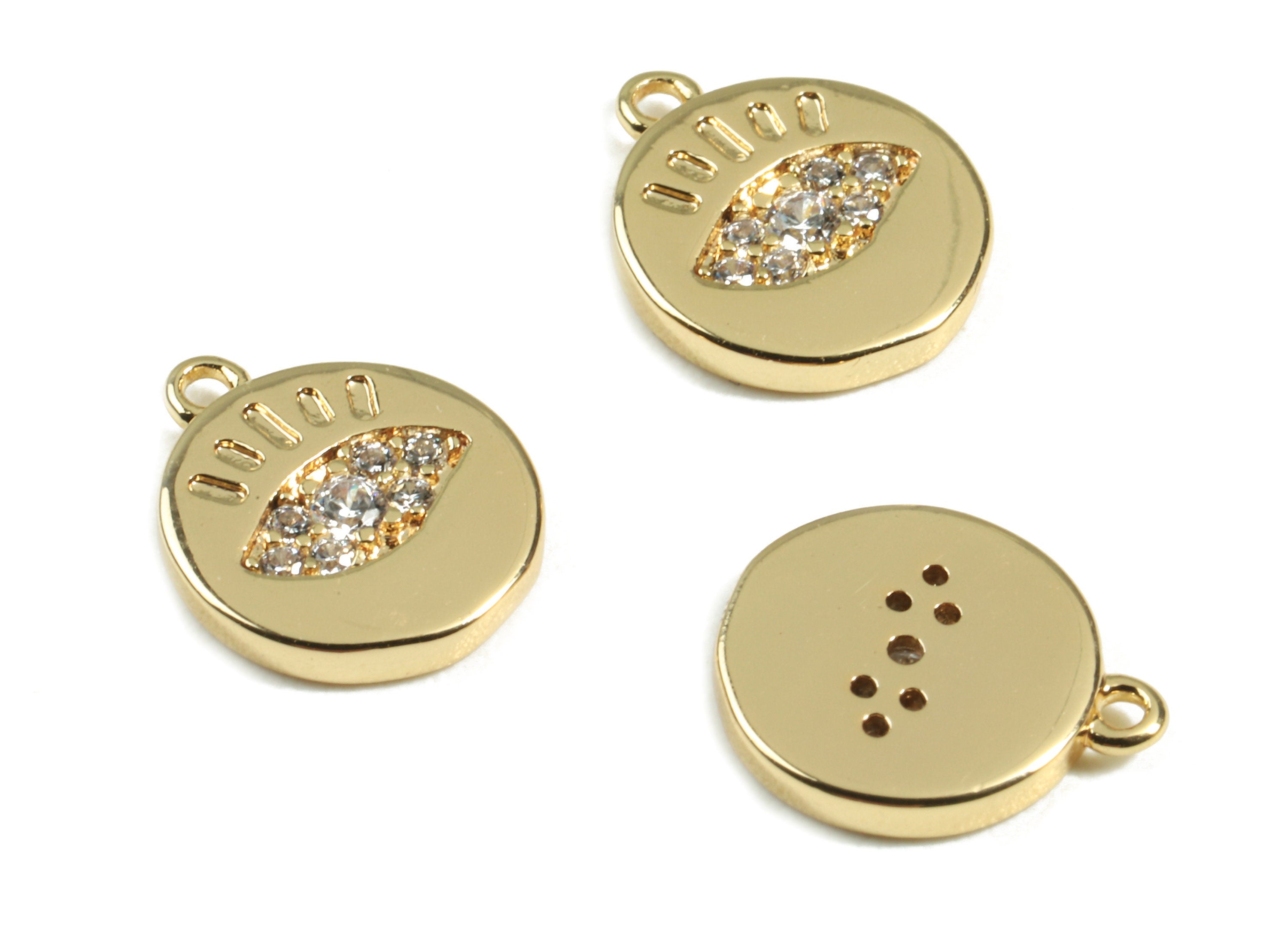 Brass Eye Charms With Zircon - Brass Gold Round Bracelet Charms - 18K Real Gold Plated Brass - Jewelry Supplies - 10.04x8.7x1.58mm - RGP2418 - DOMEDBAZAAR
