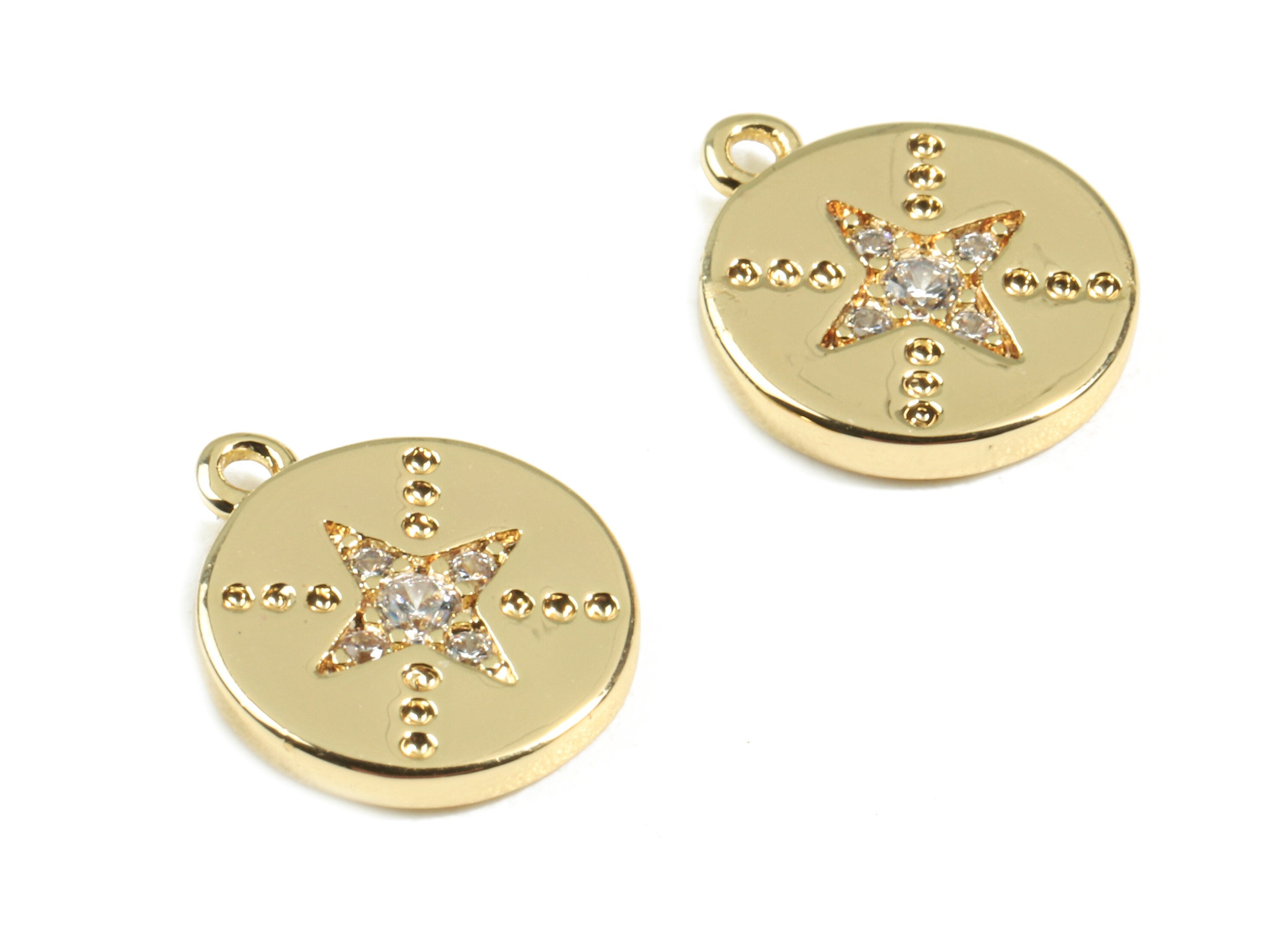 Brass Mini Round Charms With Zircon - Brass Compass Star Earring Bracelet Charms - 18K Real Gold Plated Brass - 10.26x8.86x1.47mm - RGP2409 - DOMEDBAZAAR